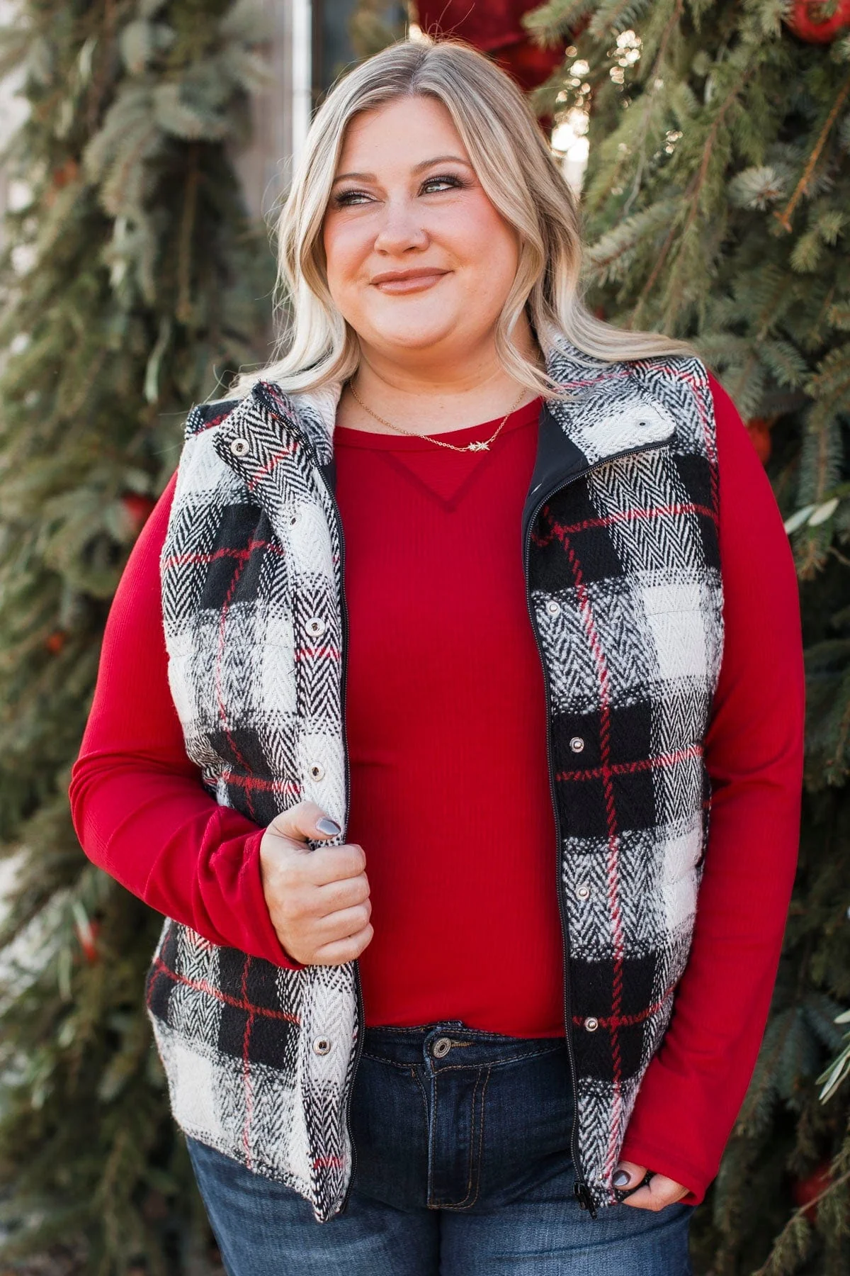 For You Always Plaid Puffer Vest- Black & Red - Image 4