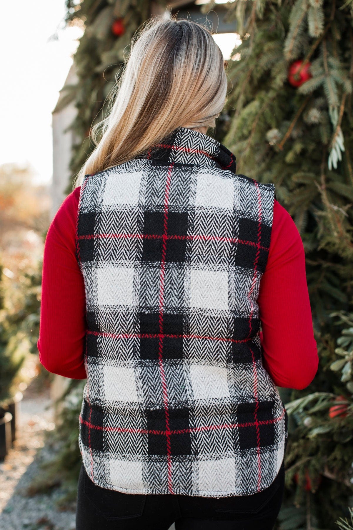 For You Always Plaid Puffer Vest- Black & Red - Image 9