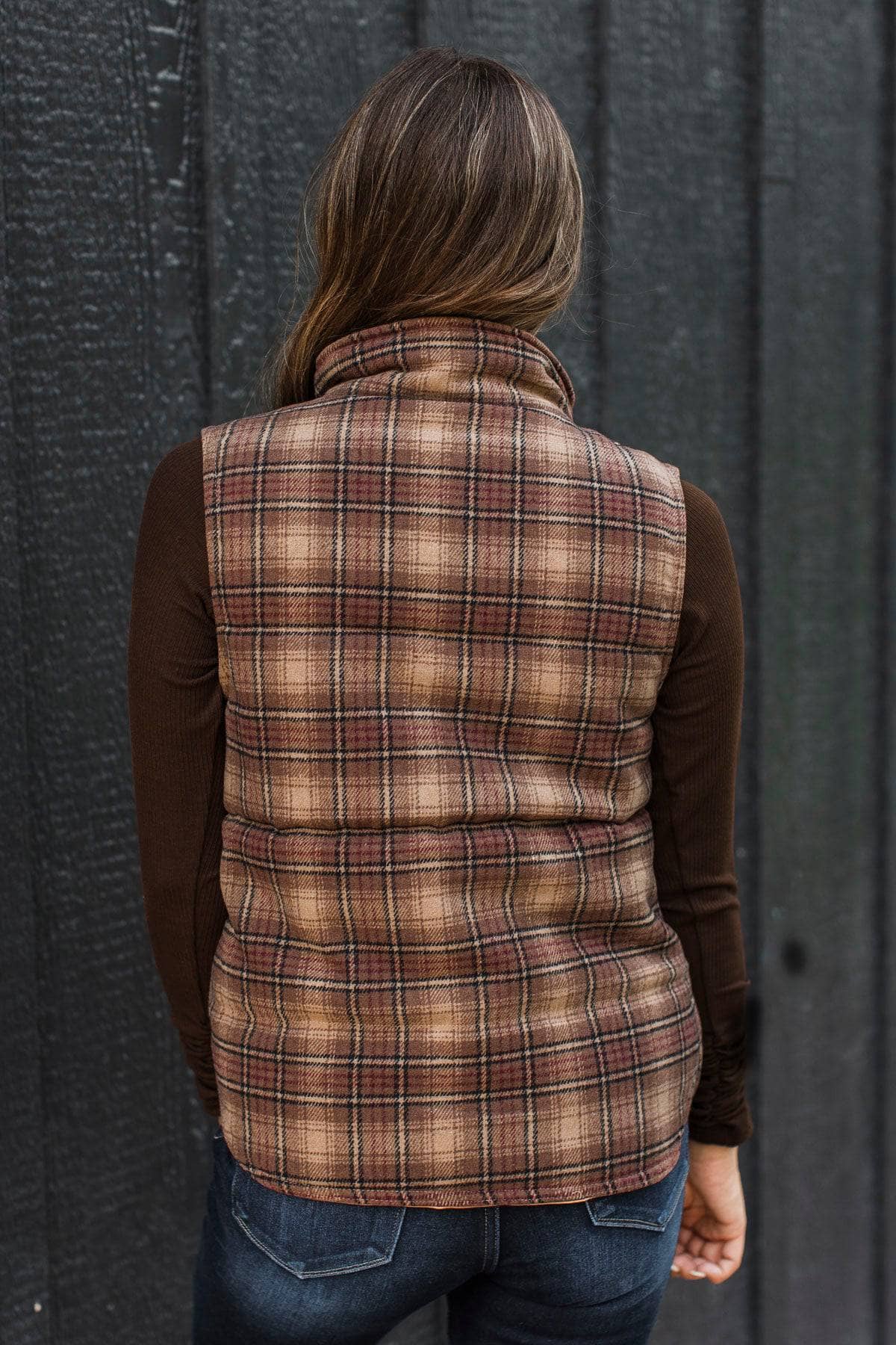 For You Always Plaid Puffer Vest- Brown & Khaki - Image 10