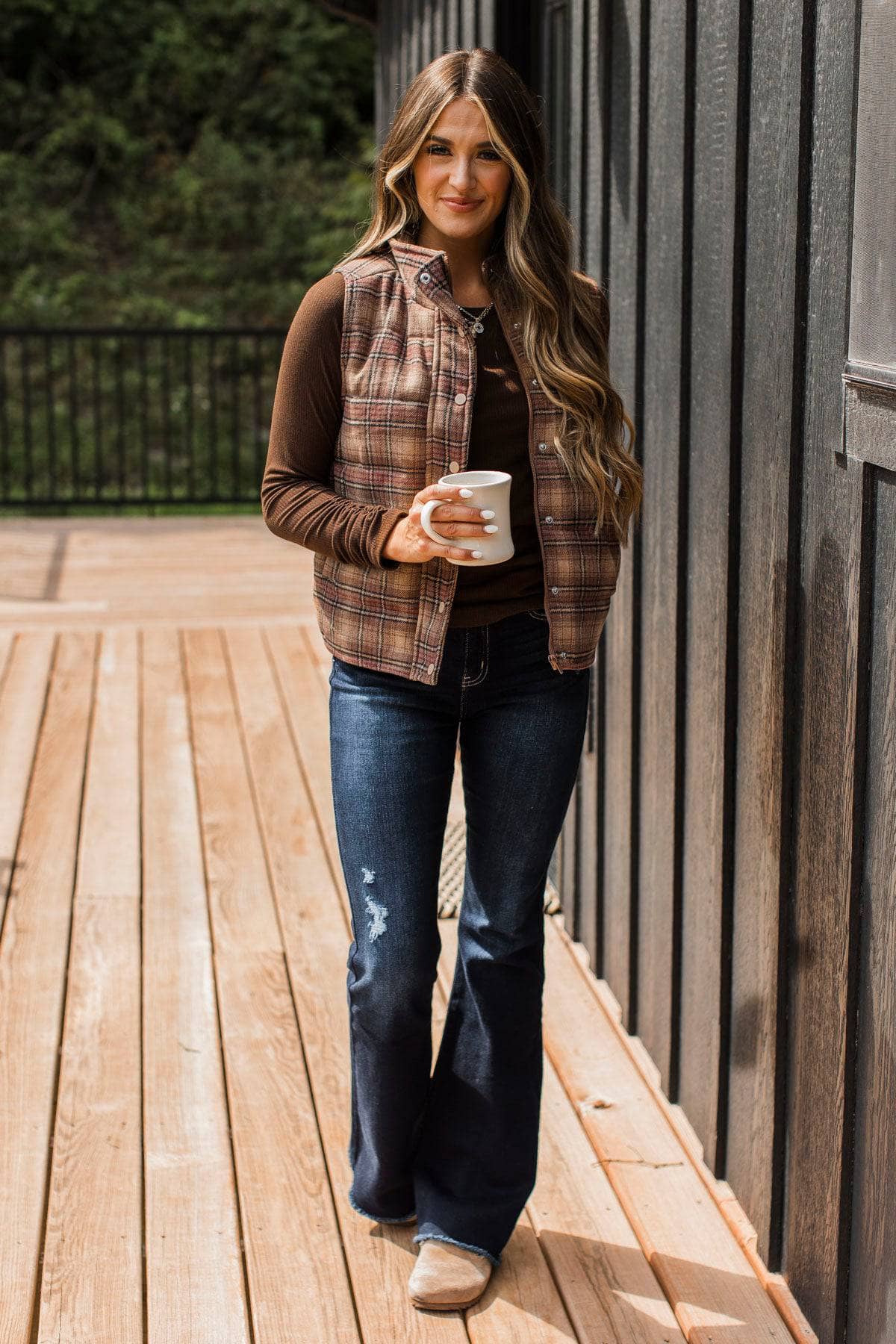 For You Always Plaid Puffer Vest- Brown & Khaki - Image 3