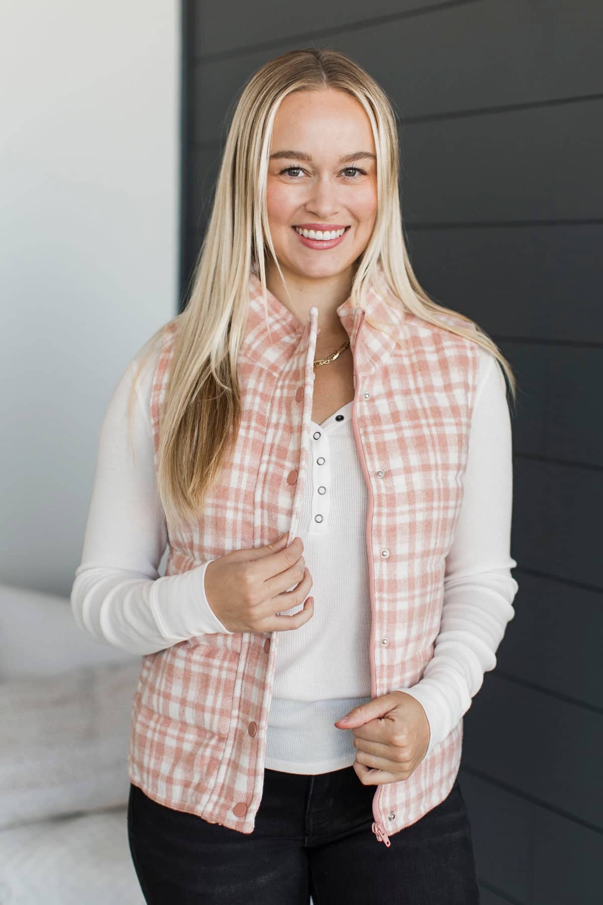 For You Always Plaid Puffer Vest- Dusty Pink - Image 3