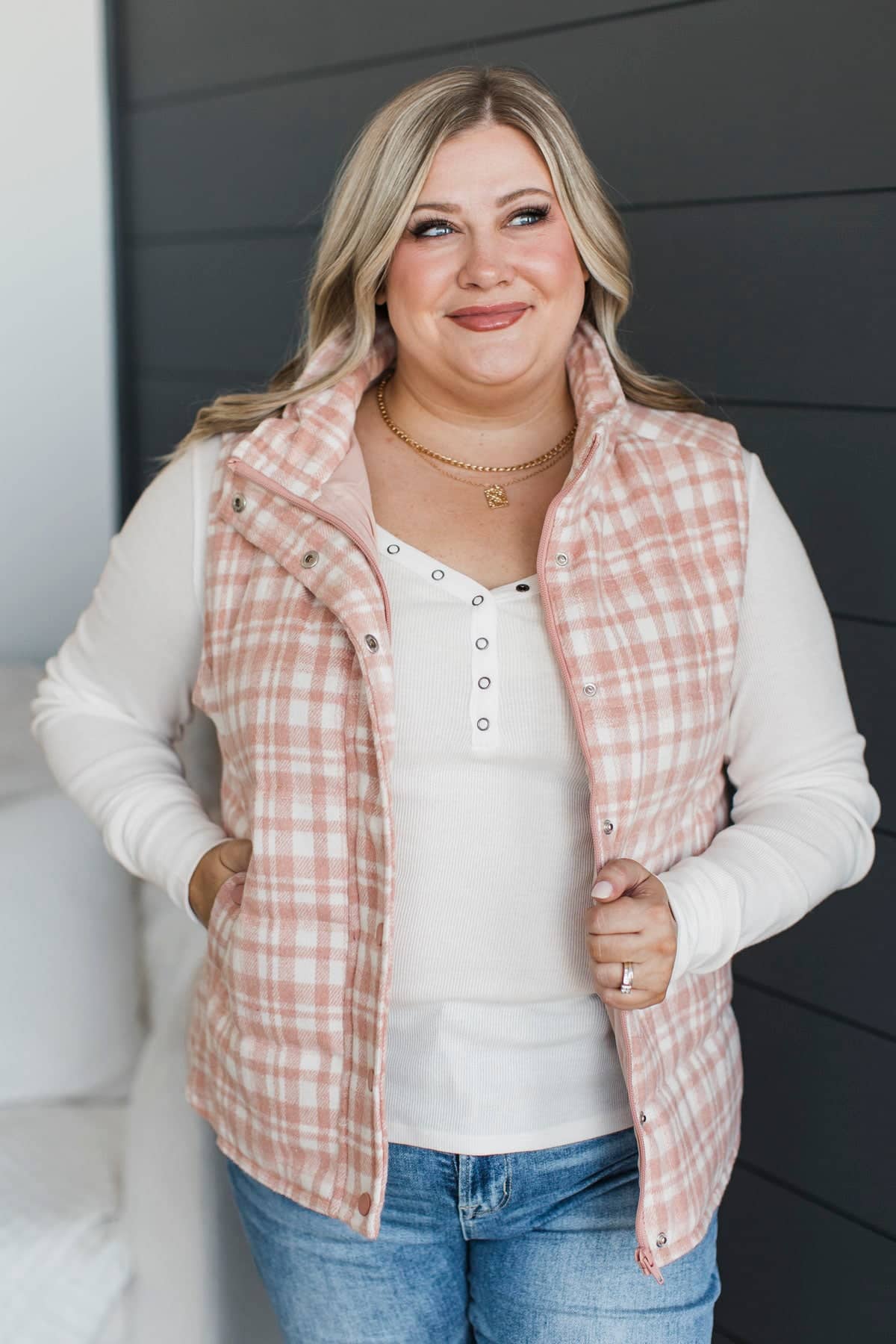 For You Always Plaid Puffer Vest- Dusty Pink - Image 4