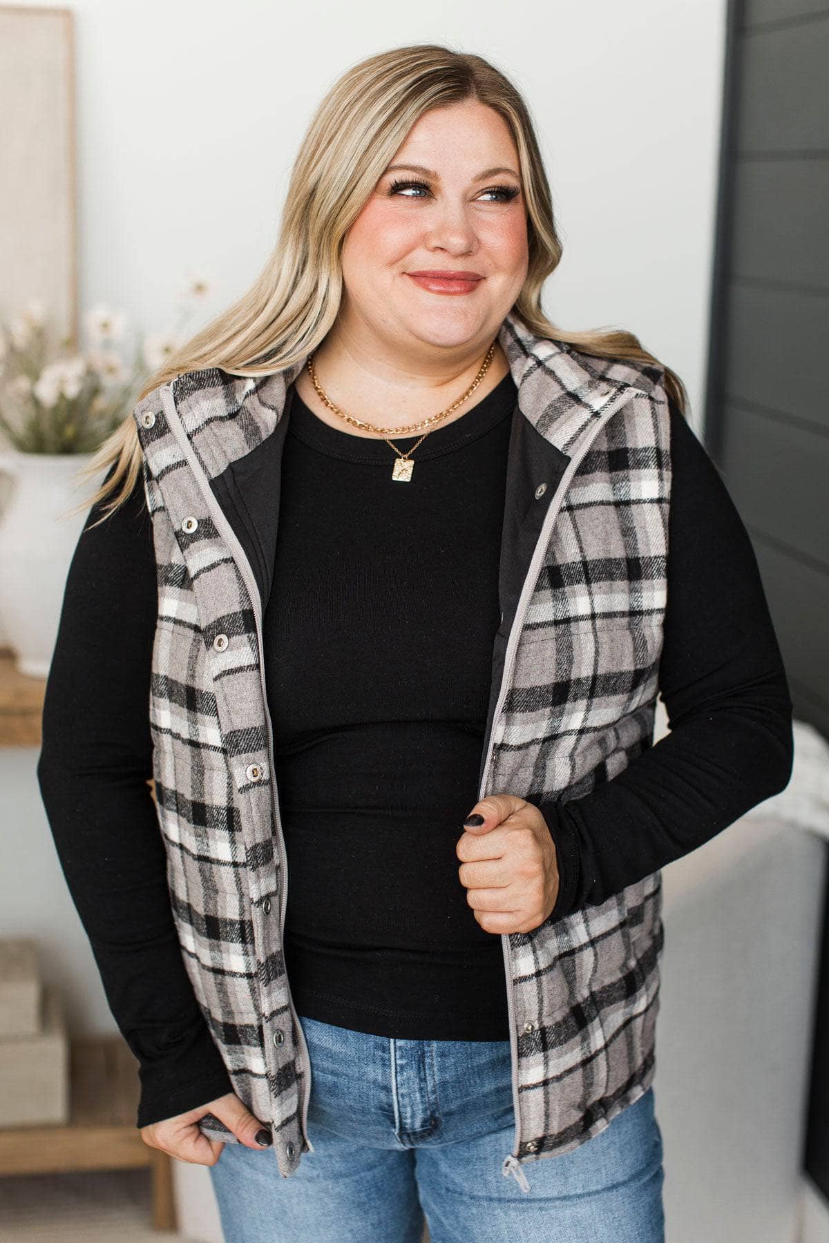 For You Always Plaid Puffer Vest- Grey & Black - Image 4