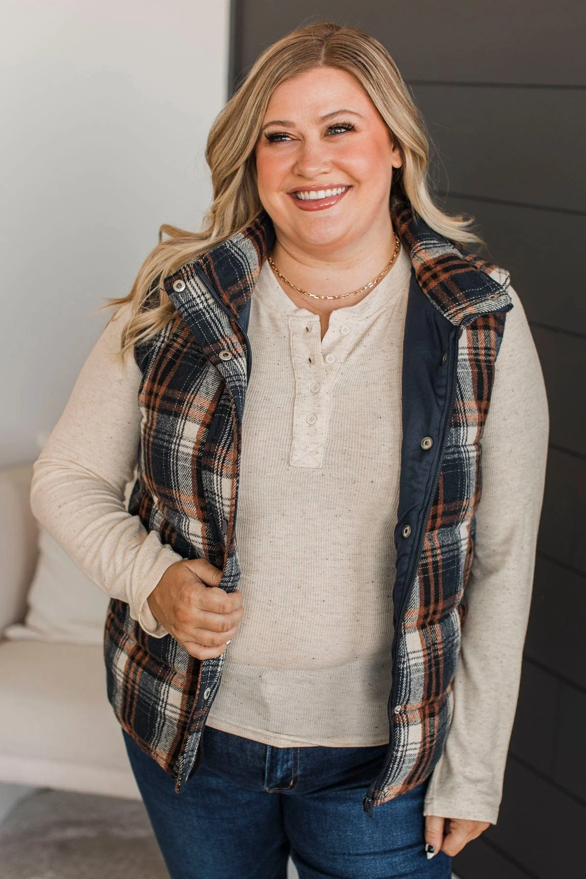 For You Always Plaid Puffer Vest- Navy & Orange - Image 2
