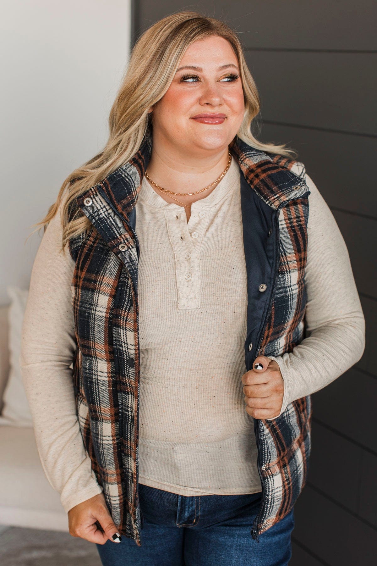 For You Always Plaid Puffer Vest- Navy & Orange - Image 4