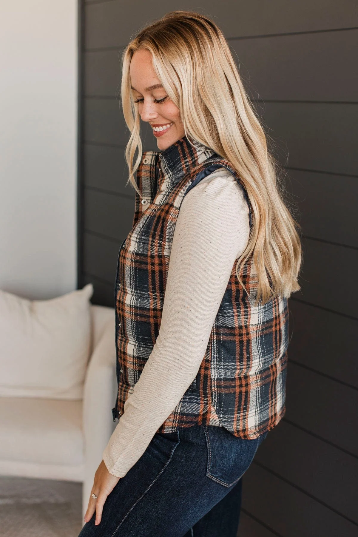 For You Always Plaid Puffer Vest- Navy & Orange - Image 5