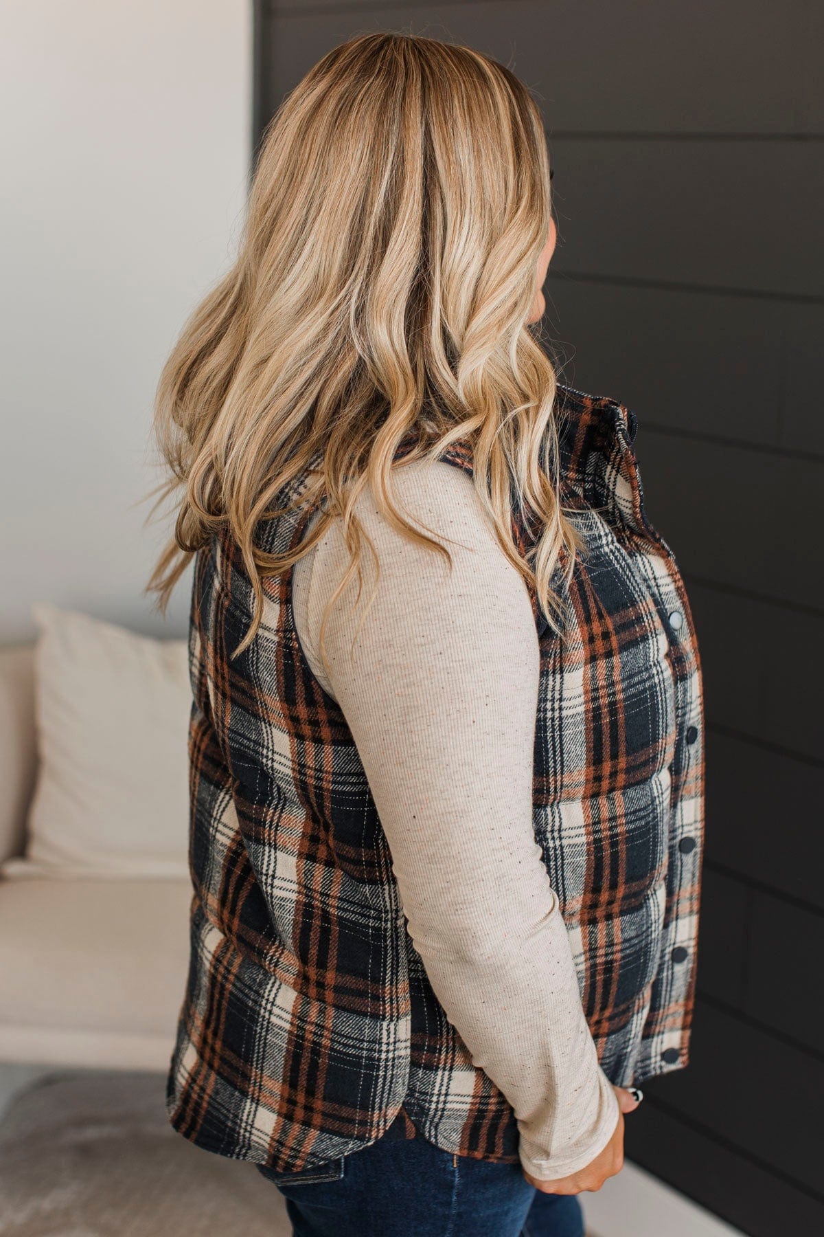 For You Always Plaid Puffer Vest- Navy & Orange - Image 6