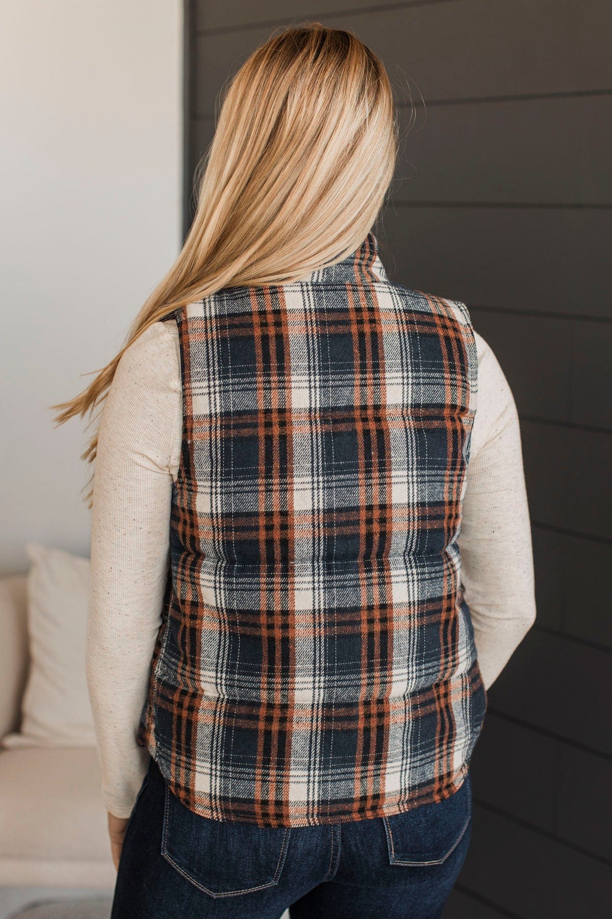For You Always Plaid Puffer Vest- Navy & Orange - Image 7