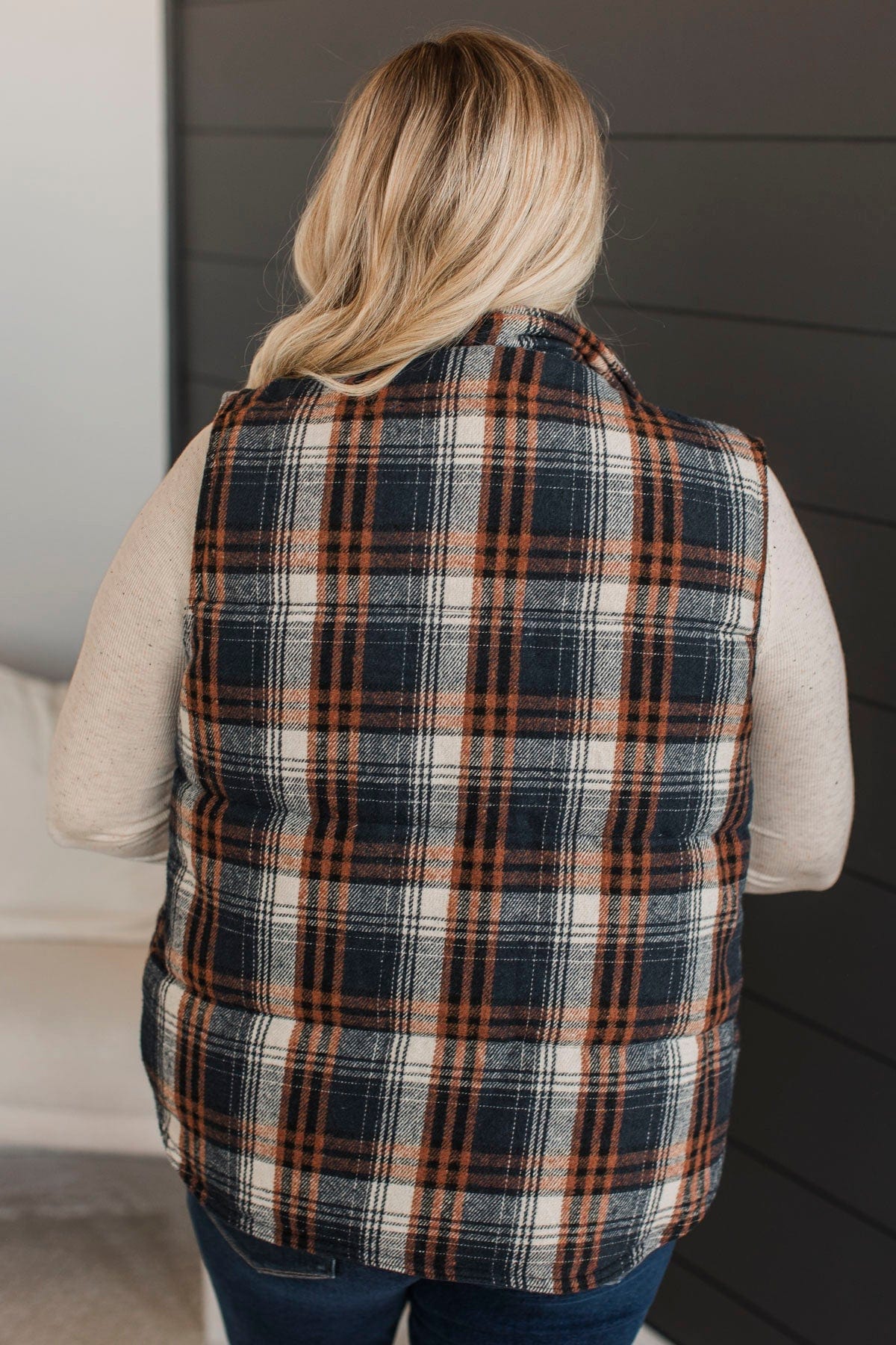 For You Always Plaid Puffer Vest- Navy & Orange - Image 8