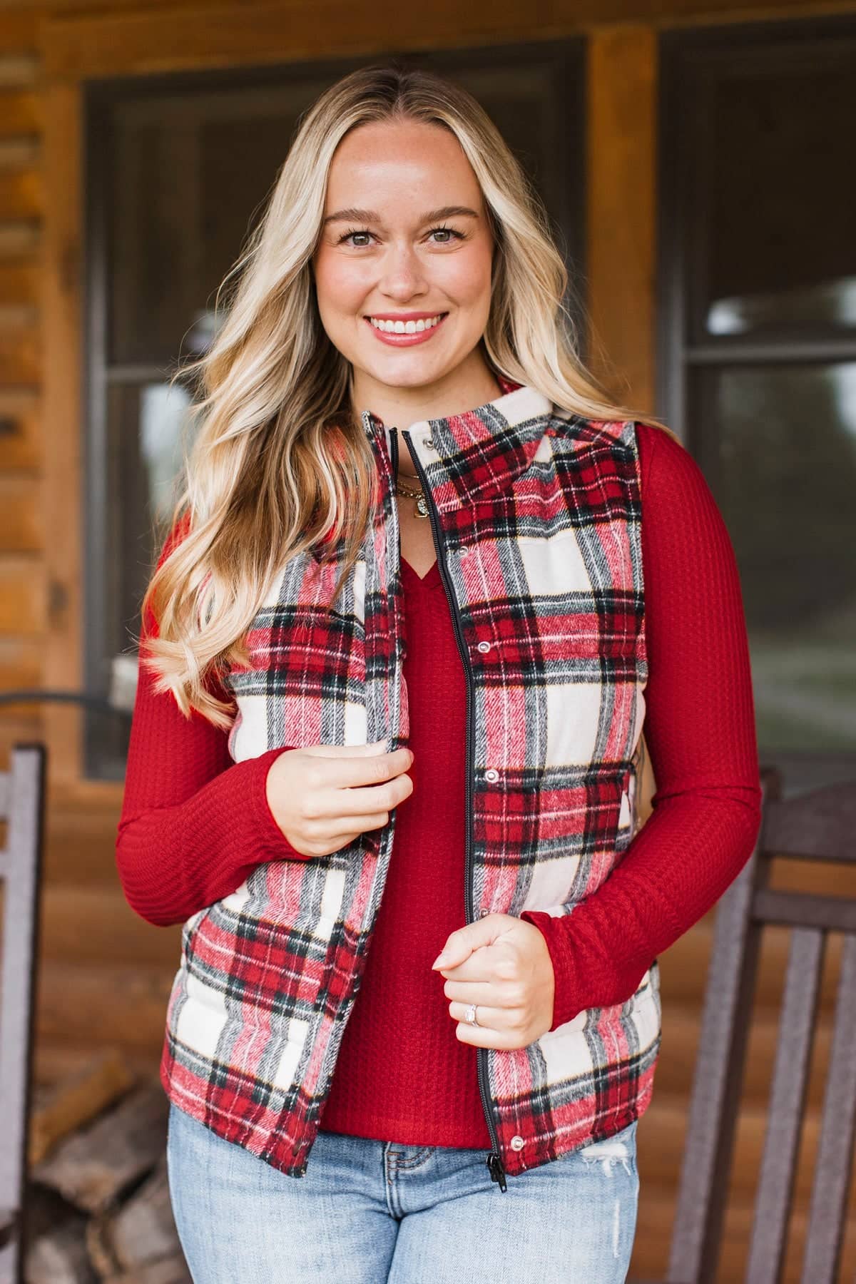 For You Always Plaid Puffer Vest- Red & White - Image 2