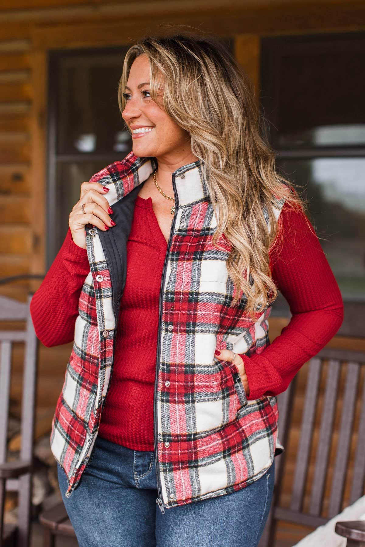 For You Always Plaid Puffer Vest- Red & White - Image 4