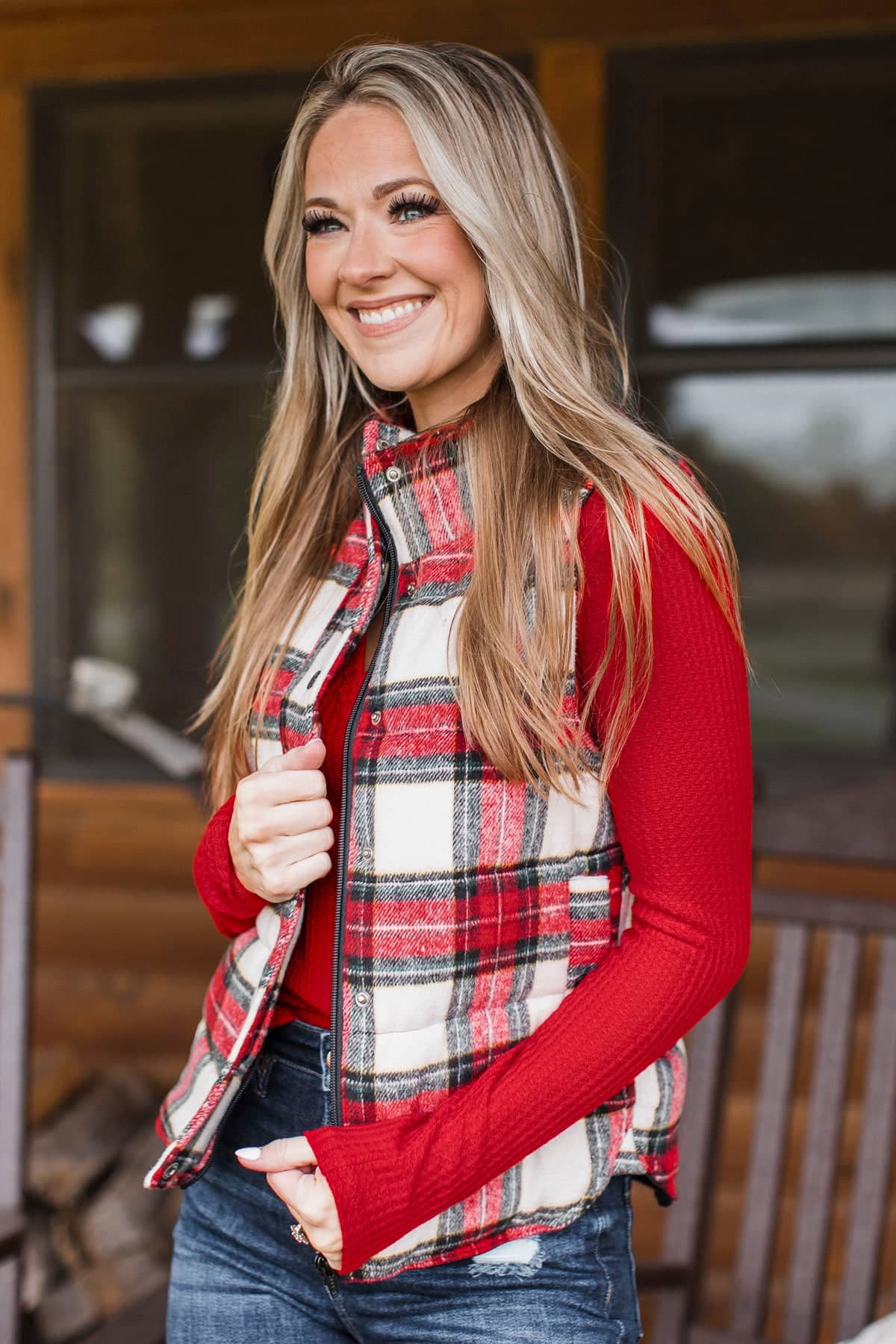 For You Always Plaid Puffer Vest- Red & White - Image 6