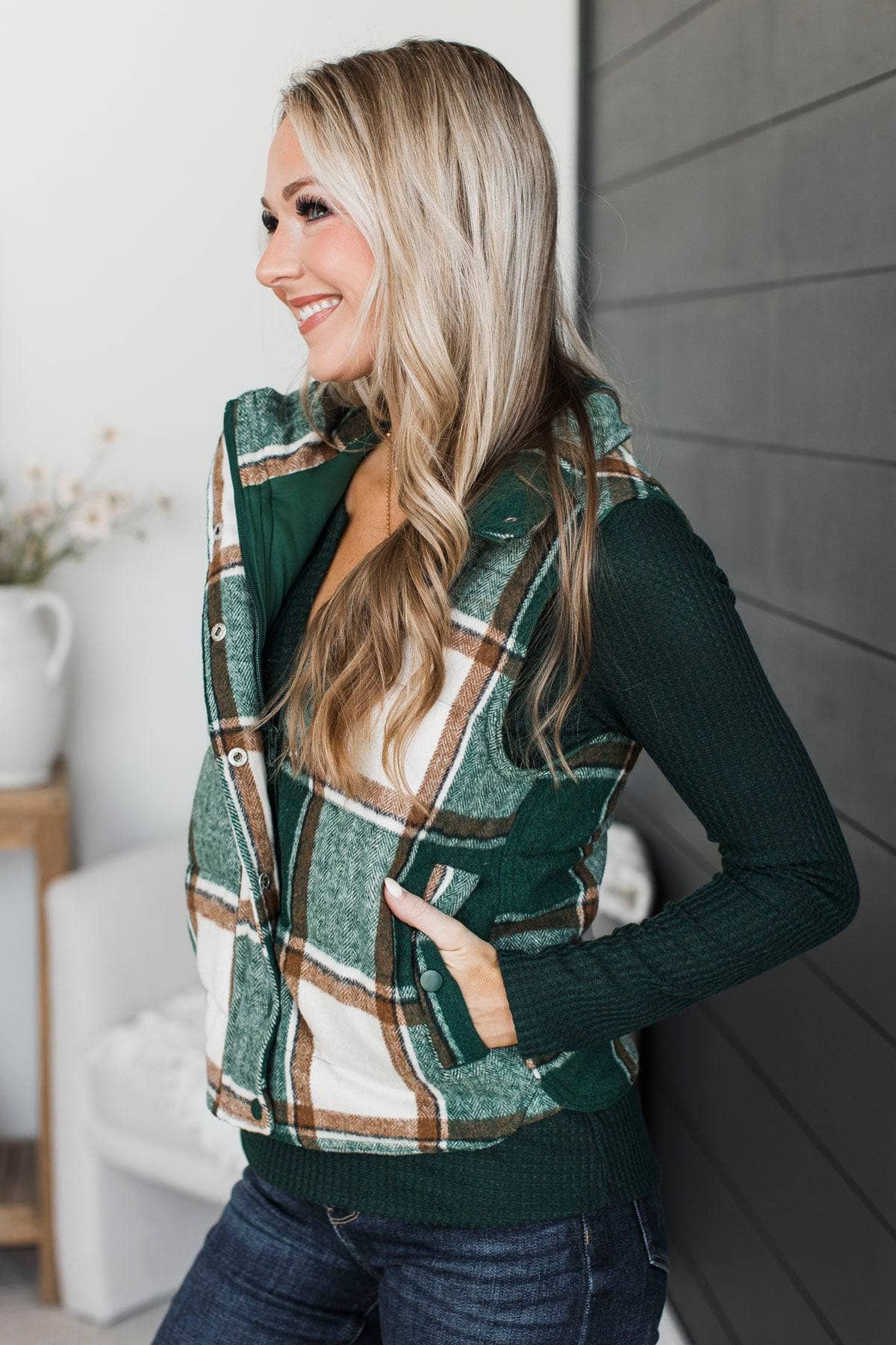 For You Always Plaid Puffer Vest- Wintergreen - Image 5
