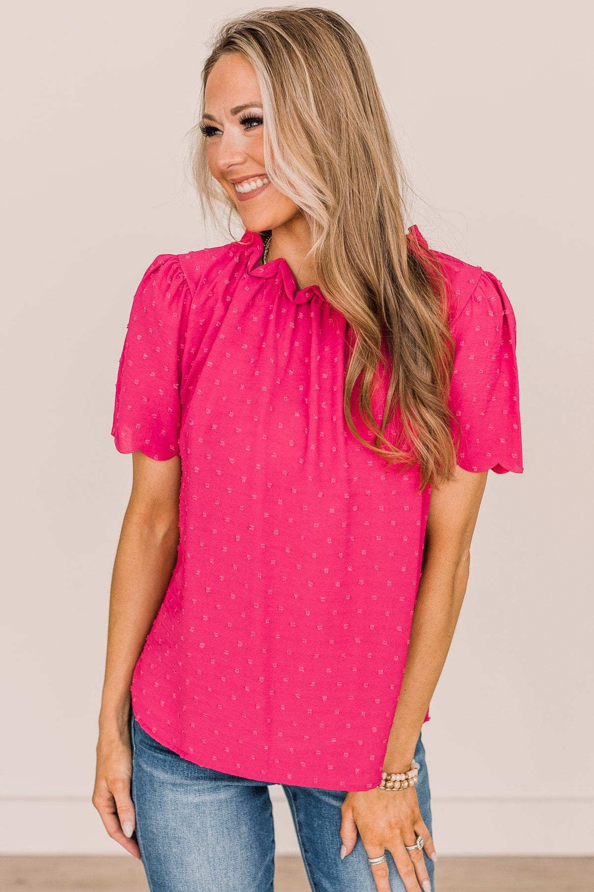 Forever After All Swiss Dot Blouse- Fuchsia