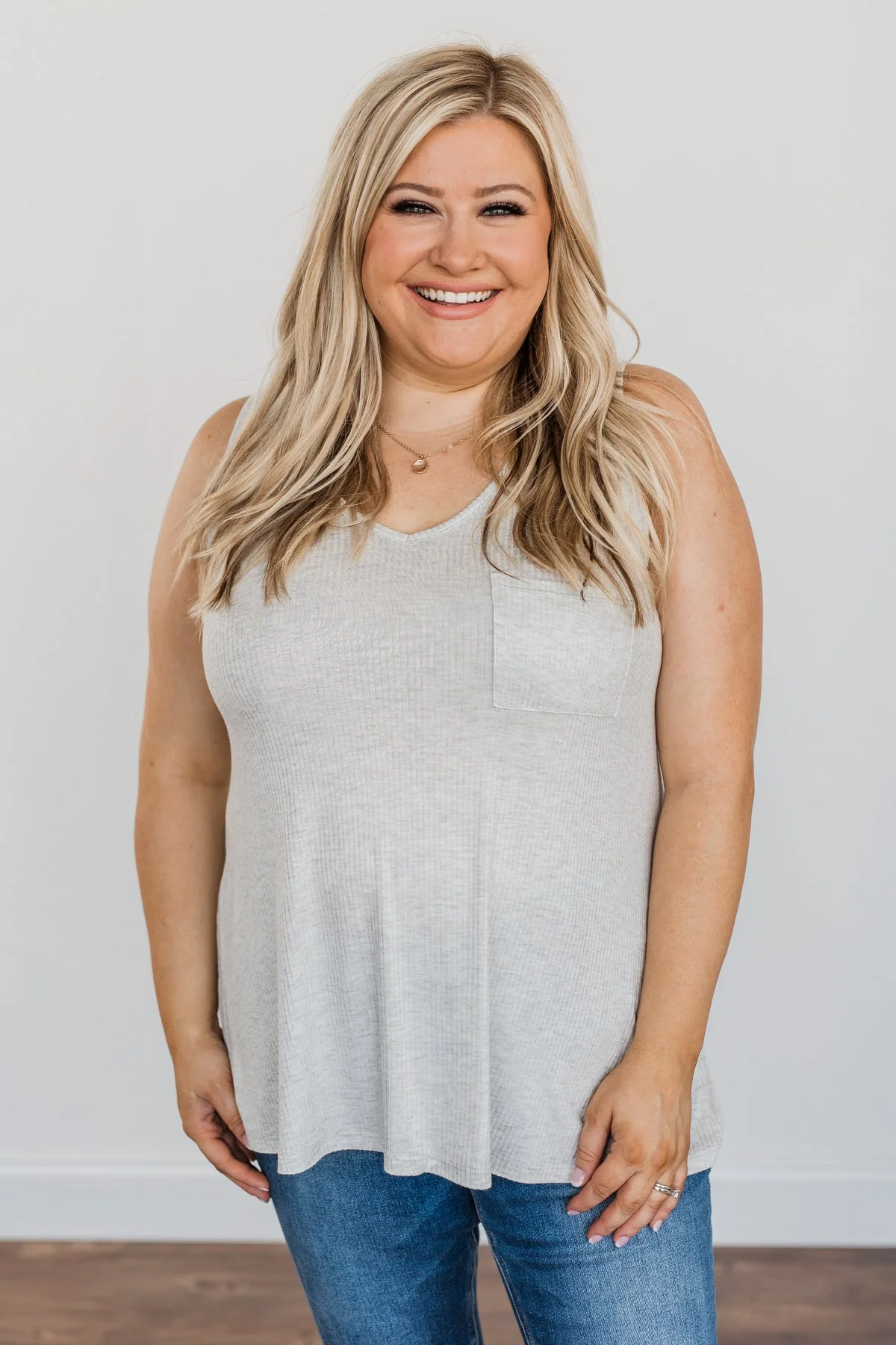 Forever Friends V-Neck Pocket Tank Top- Light Grey - Image 2