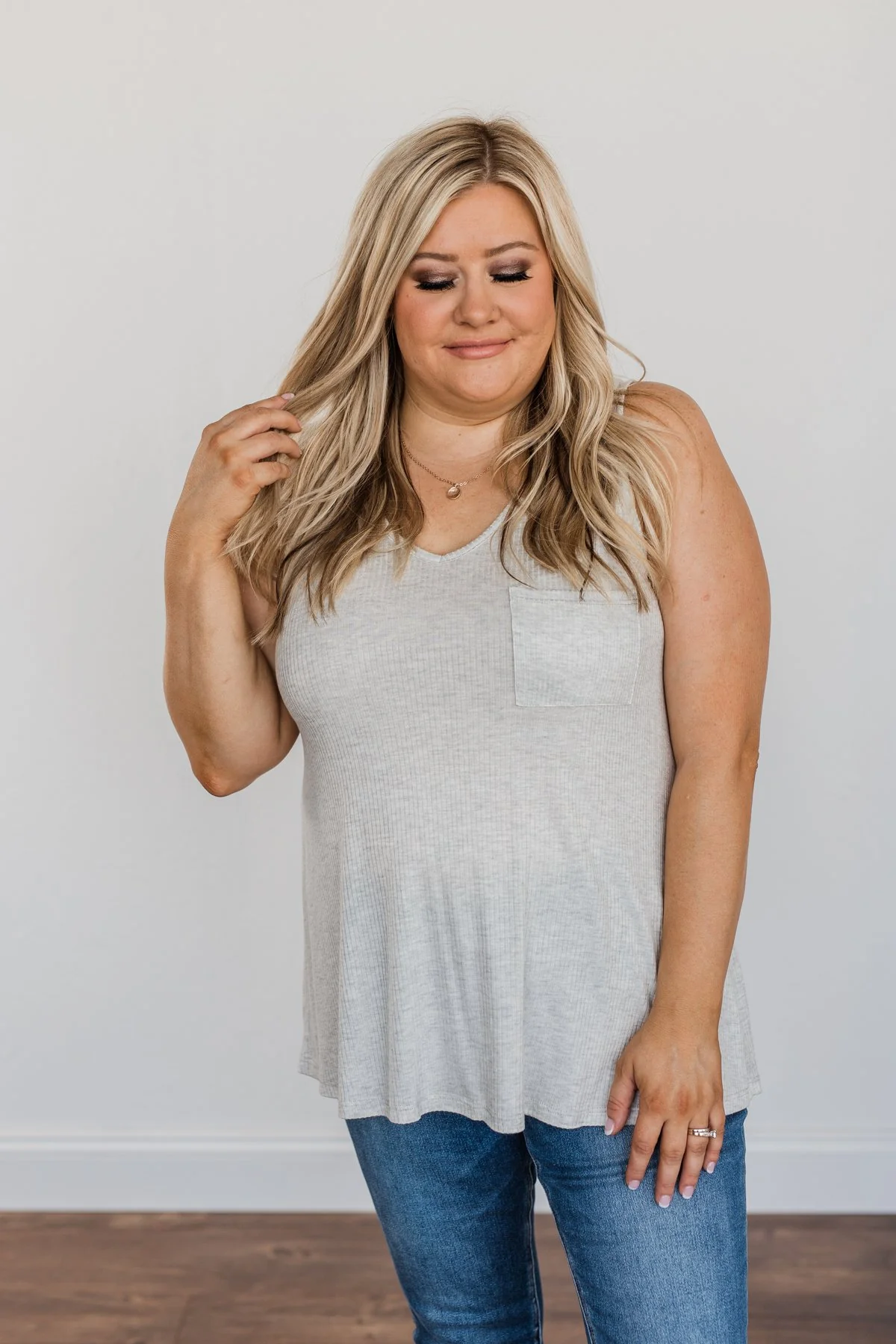 Forever Friends V-Neck Pocket Tank Top- Light Grey - Image 4