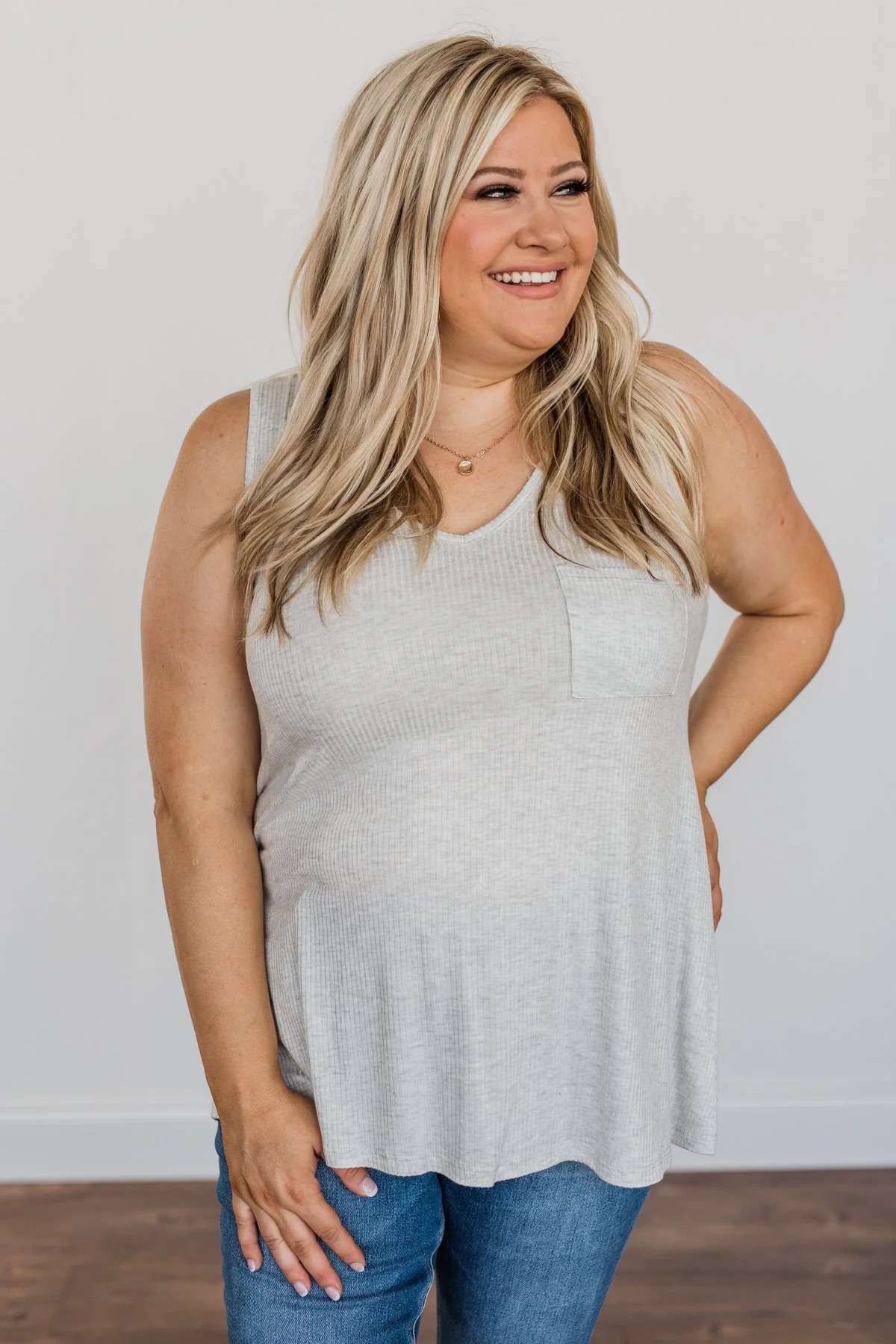 Forever Friends V-Neck Pocket Tank Top- Light Grey - Image 6
