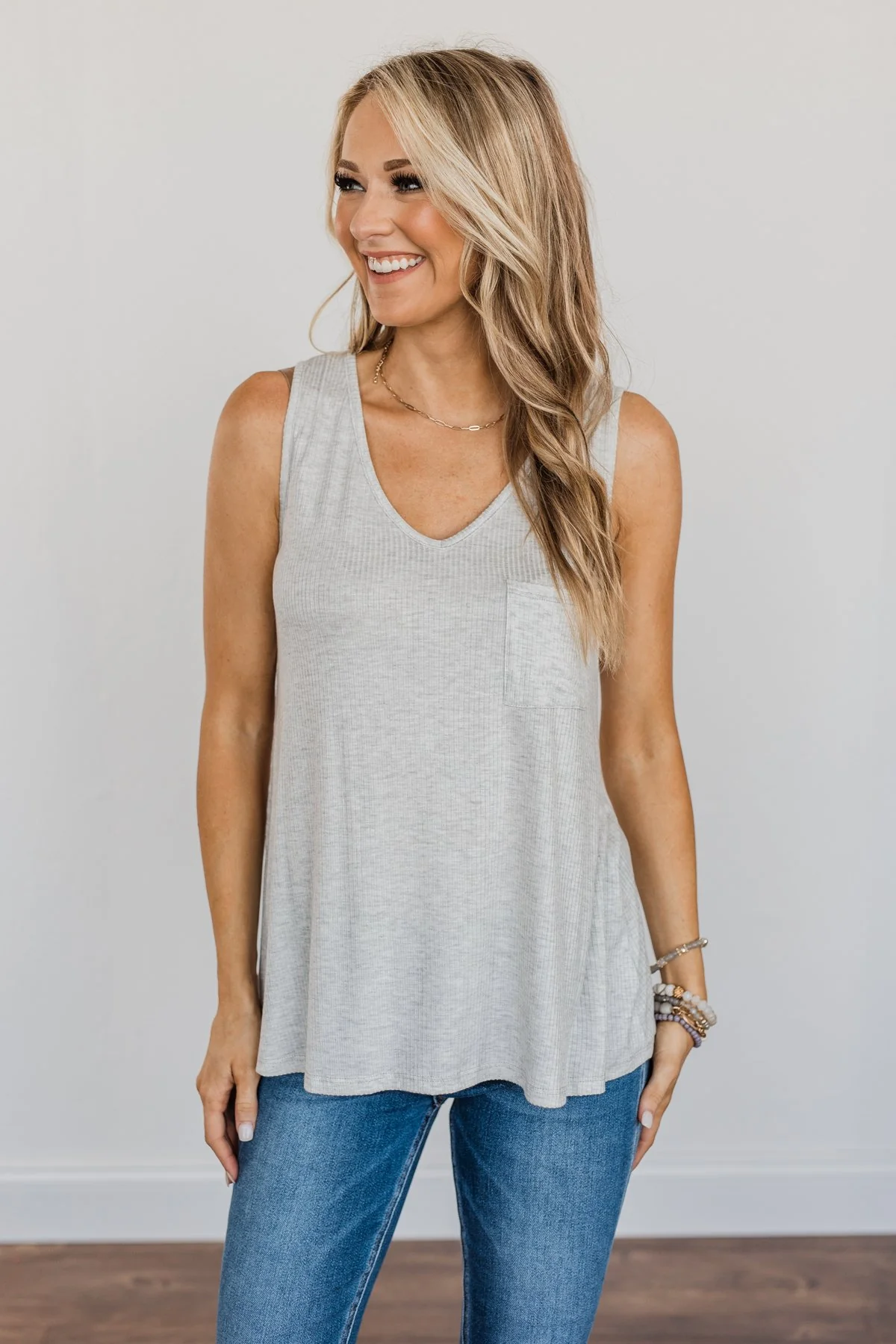 Forever Friends V-Neck Pocket Tank Top- Light Grey - Image 7