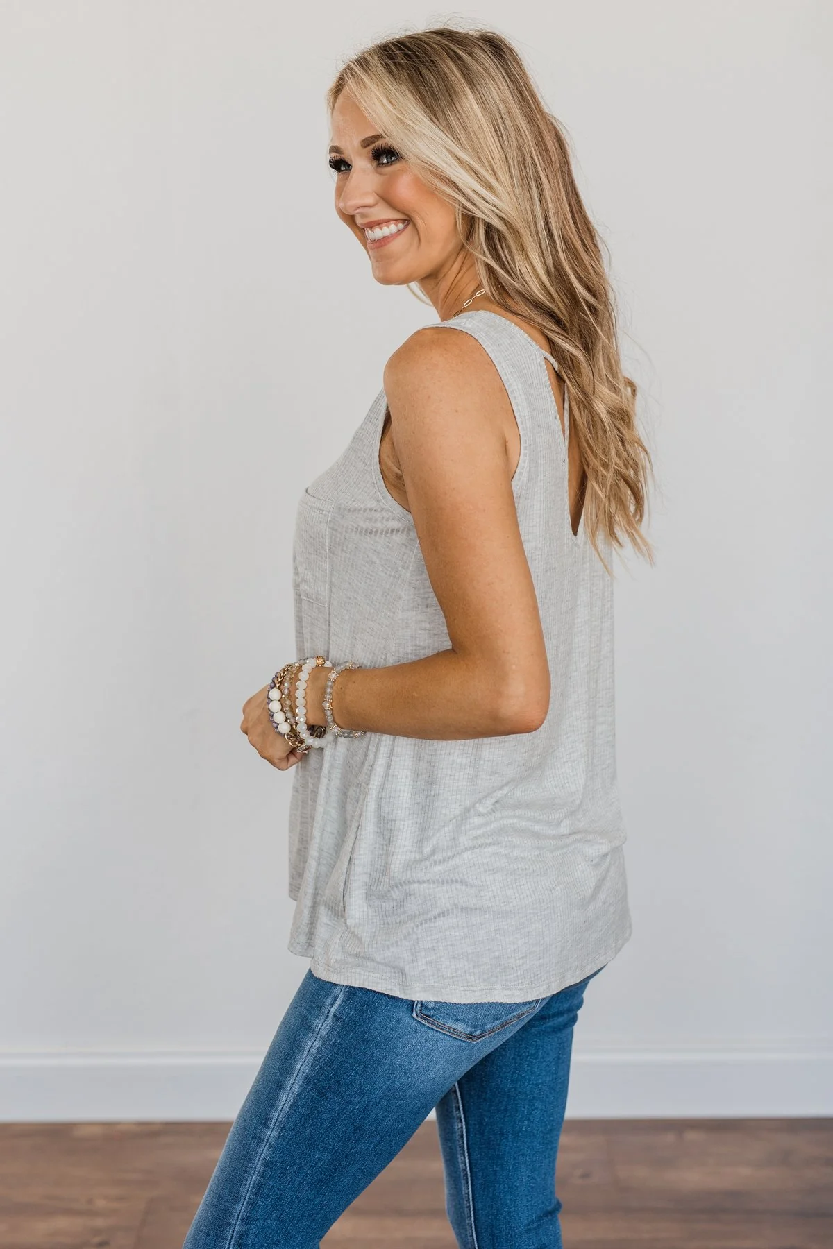 Forever Friends V-Neck Pocket Tank Top- Light Grey - Image 8