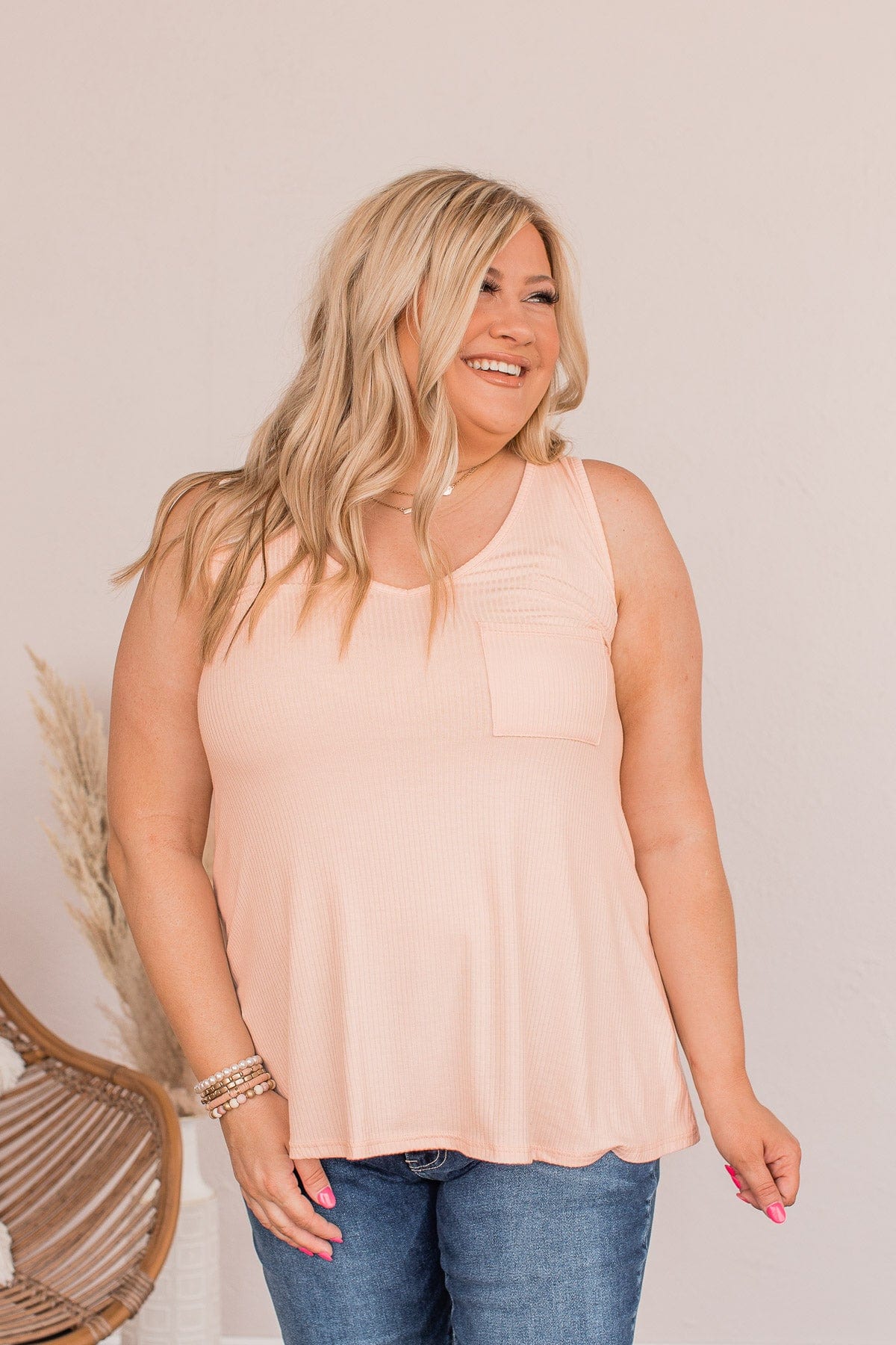Forever Friends V-Neck Pocket Tank Top- Light Pink - Image 5