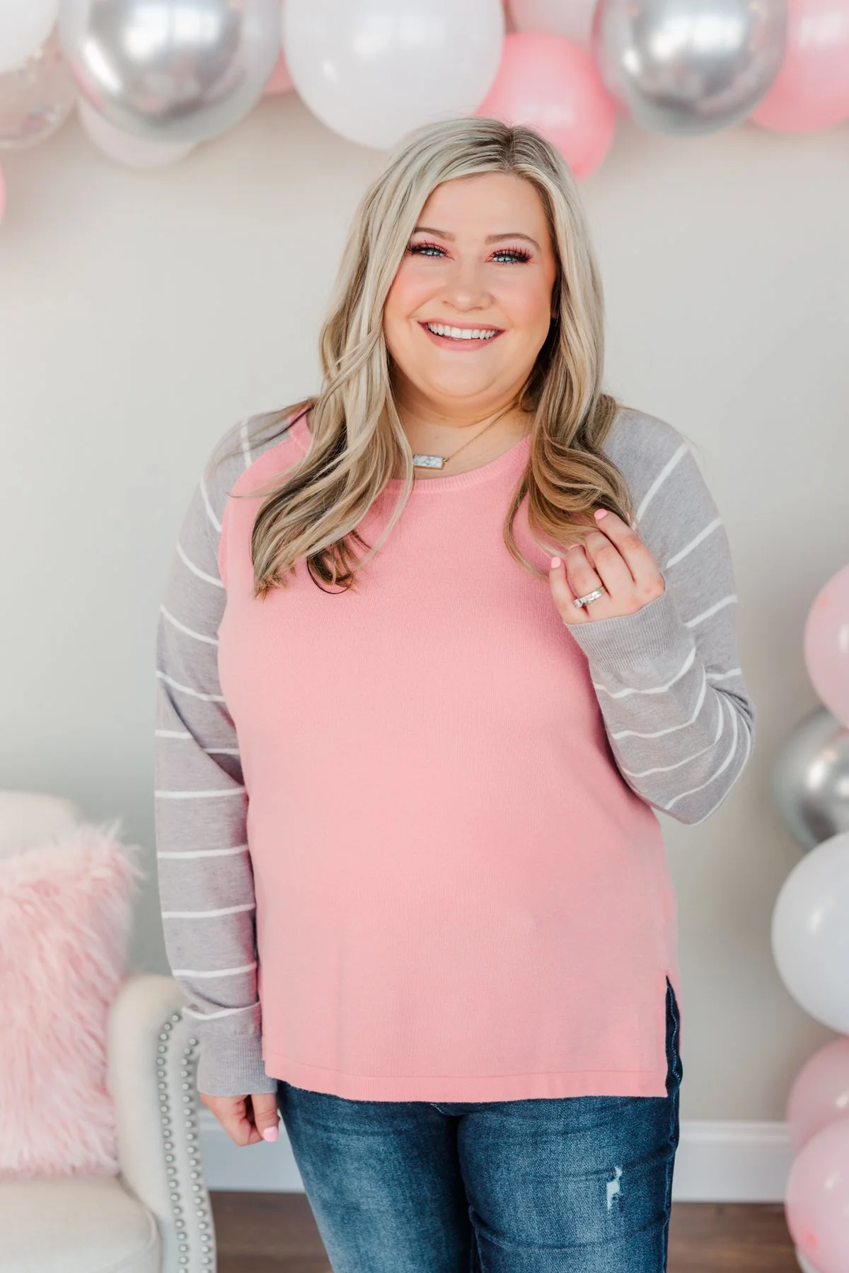 Forever In Love Long Sleeve Top- Pink & Grey - Image 2