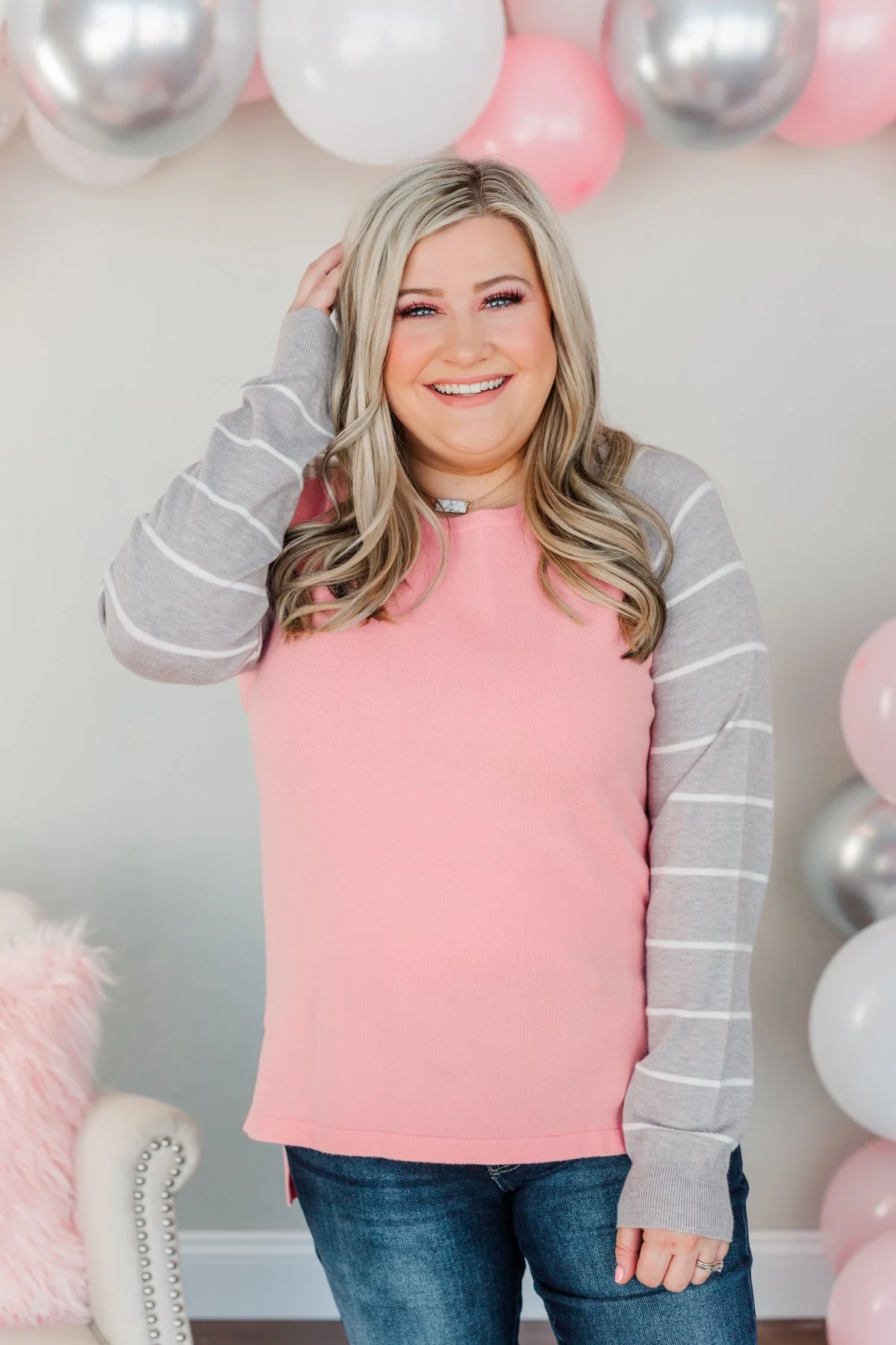 Forever In Love Long Sleeve Top- Pink & Grey - Image 4