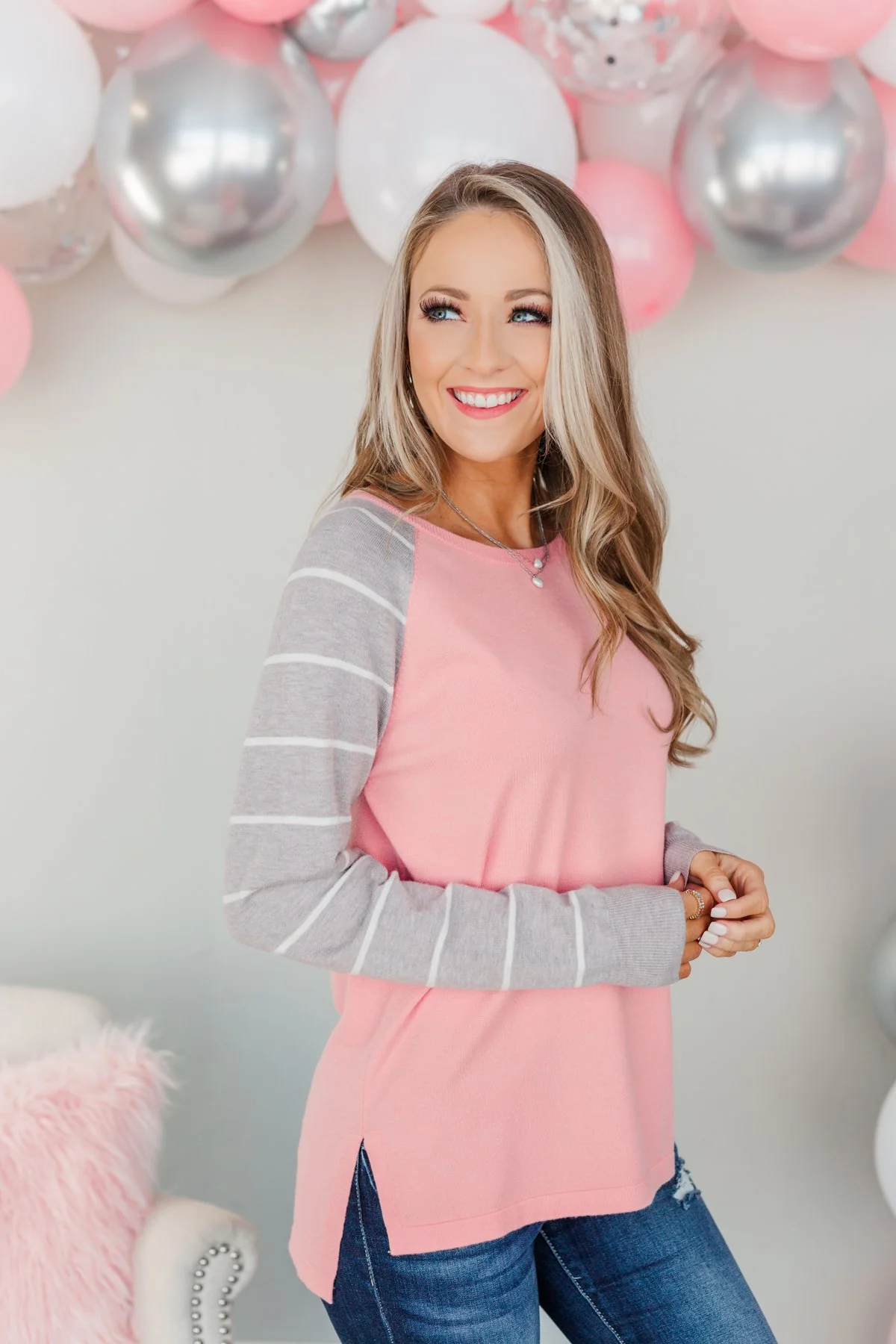 Forever In Love Long Sleeve Top- Pink & Grey - Image 6