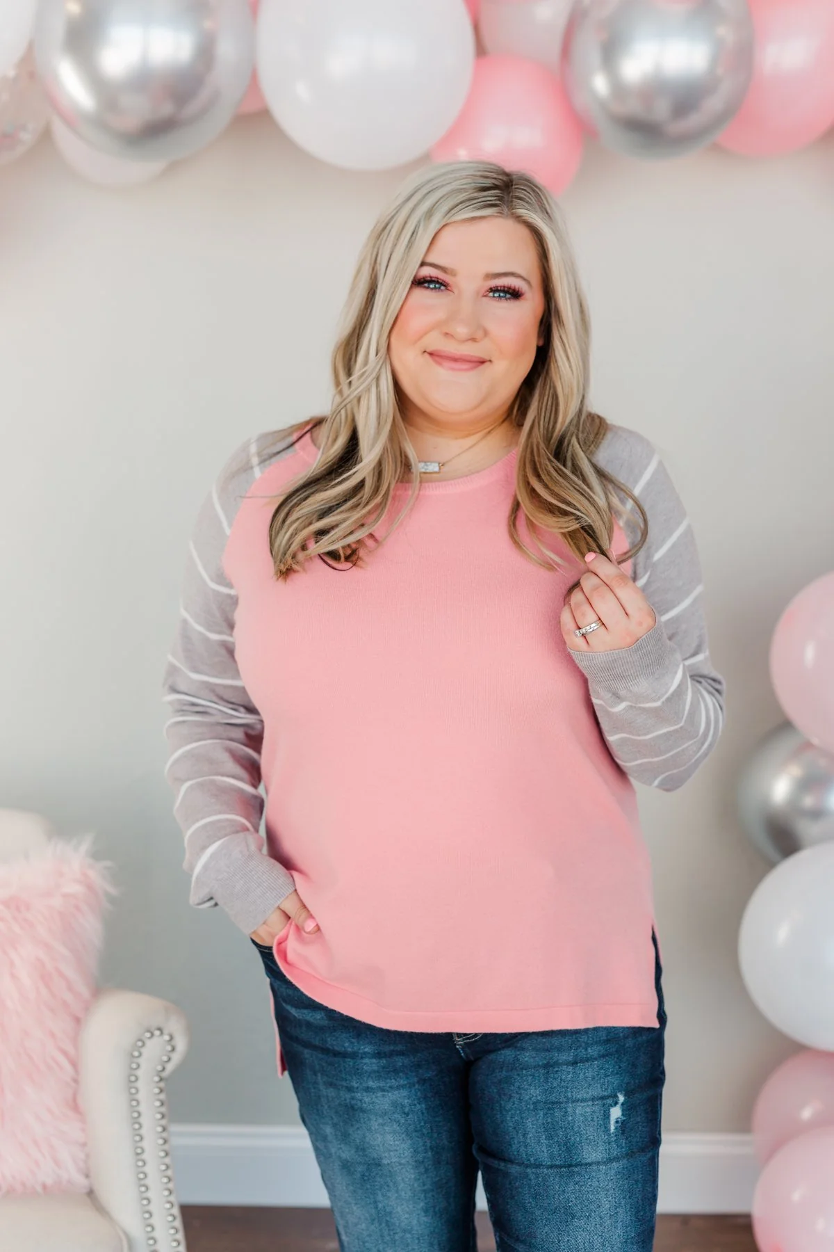 Forever In Love Long Sleeve Top- Pink & Grey - Image 7