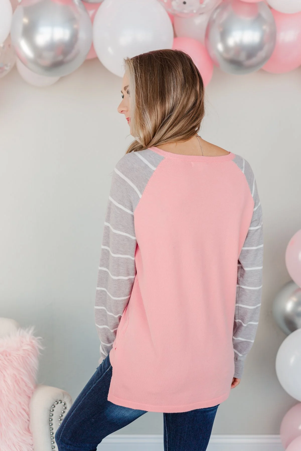 Forever In Love Long Sleeve Top- Pink & Grey - Image 8