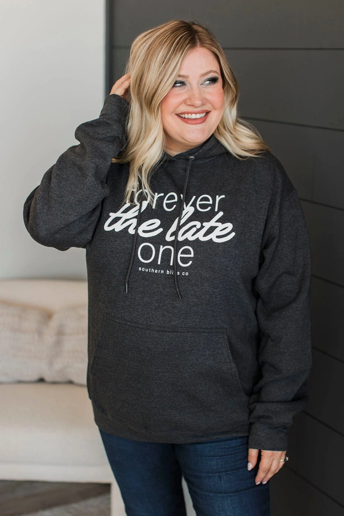 "Forever The Late One" Graphic Hoodie- Black - Image 3