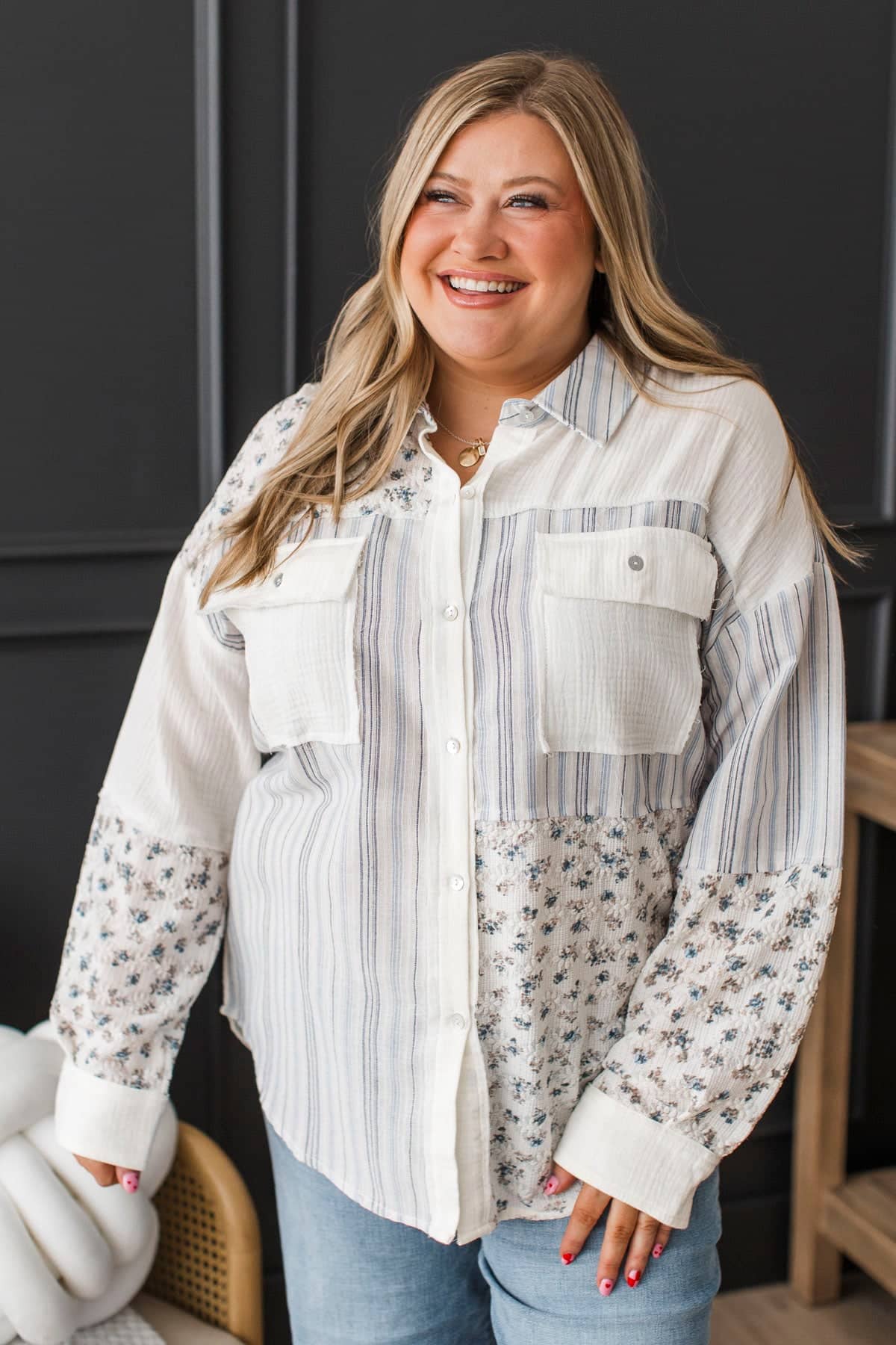 Forever Wandering Fabric Block Button Top- Ivory & Blue - Image 3