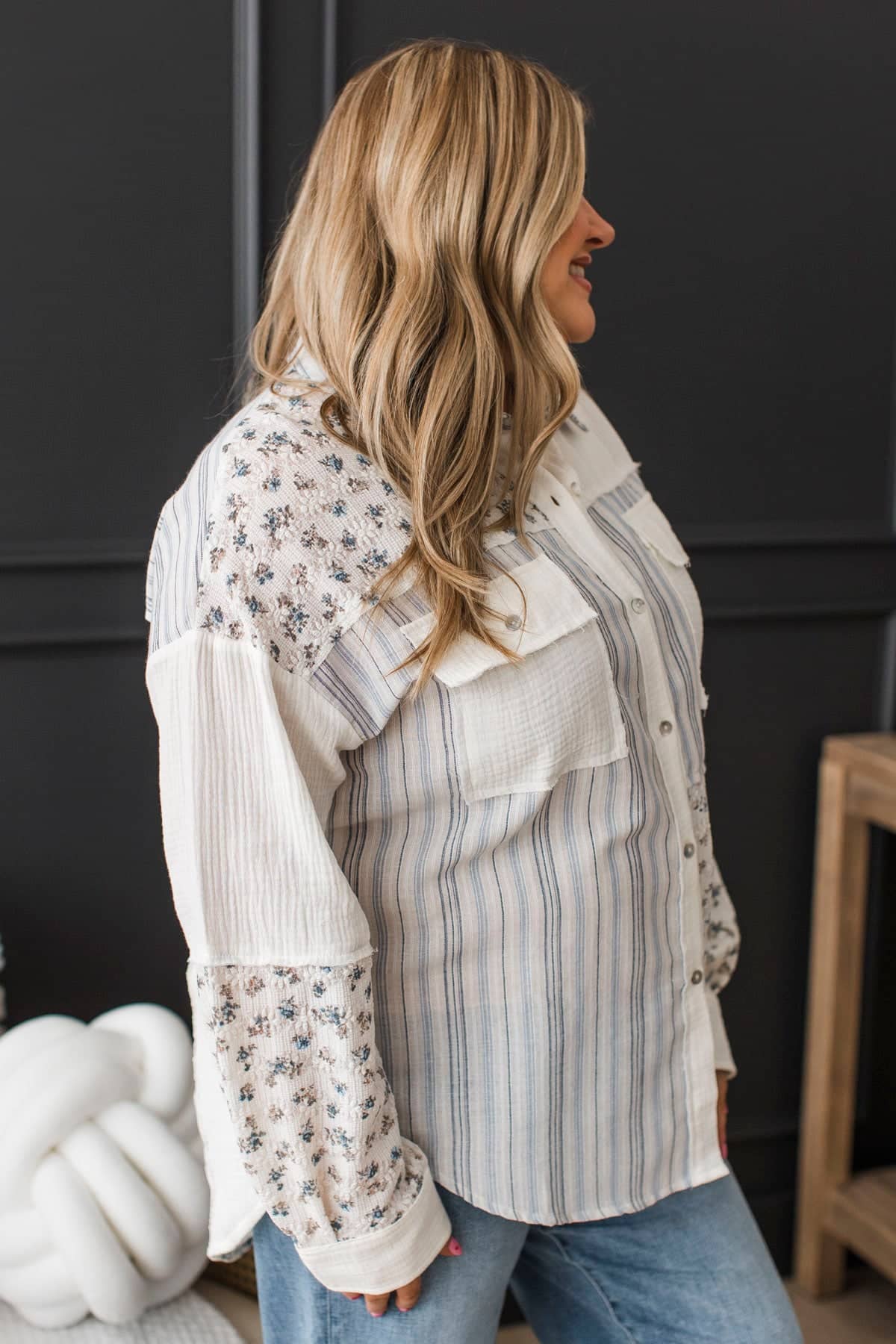 Forever Wandering Fabric Block Button Top- Ivory & Blue - Image 5