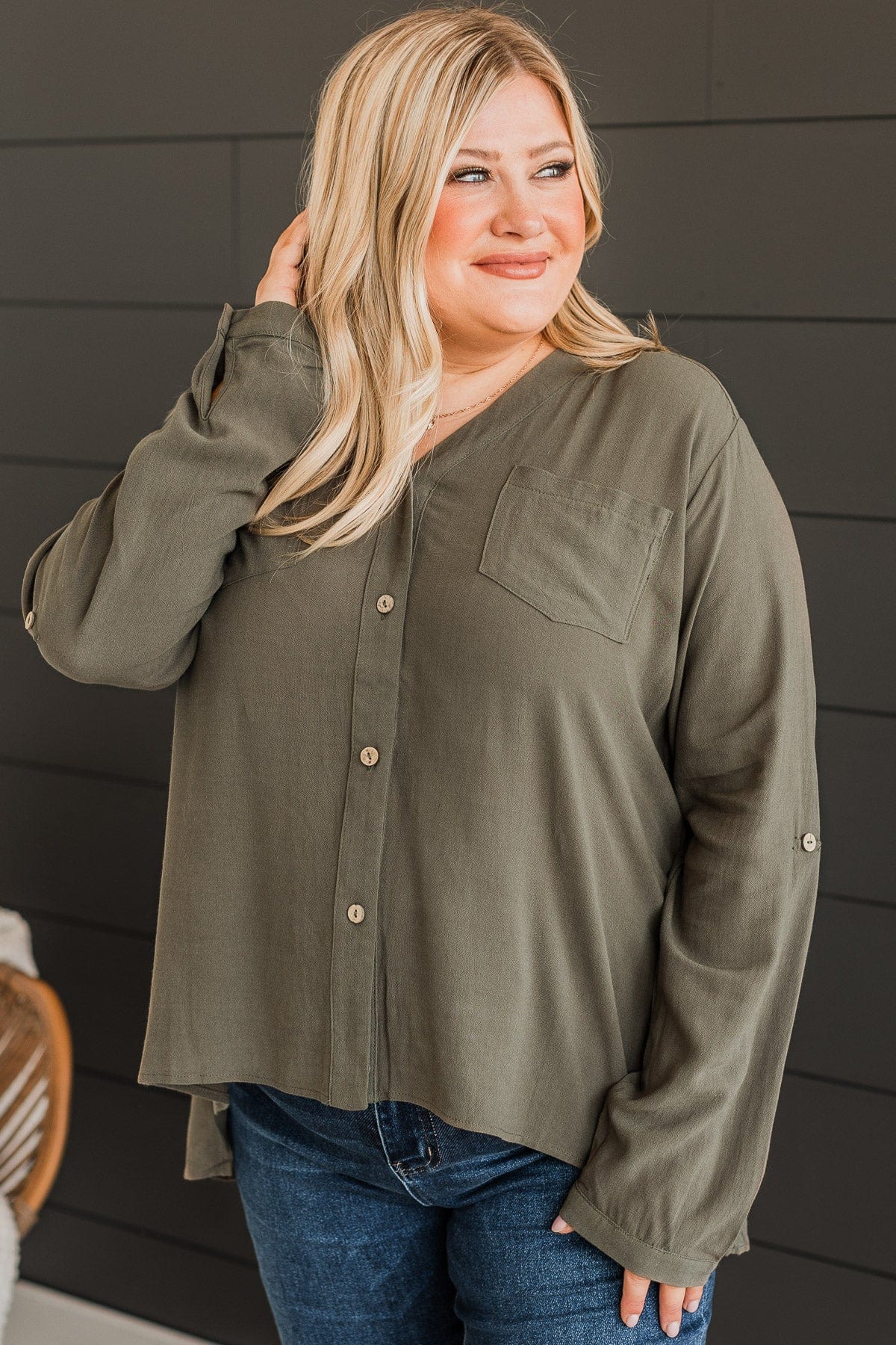 Fortunately Yours Button Top- Olive - Image 3