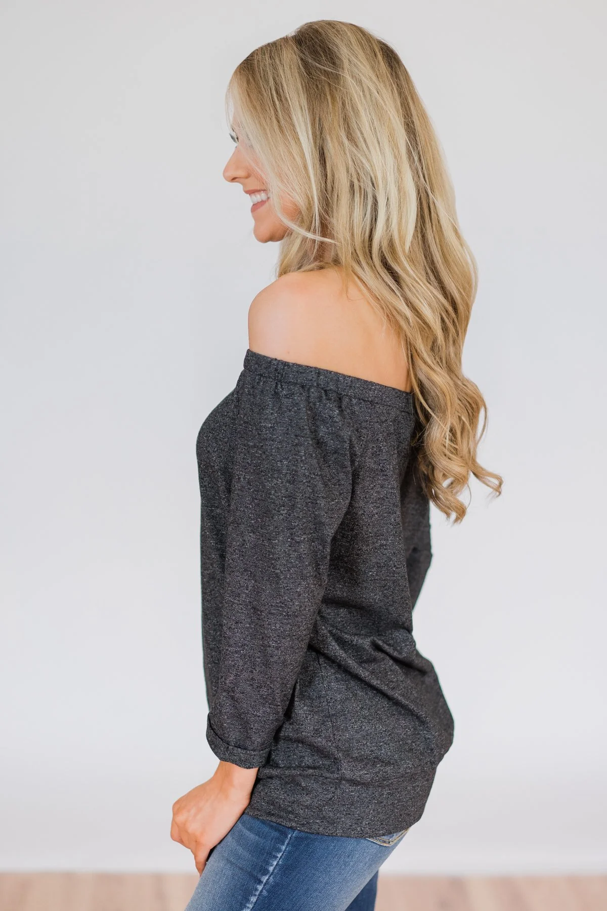 Found My Soulmate Off the Shoulder Top- Charcoal - Image 8