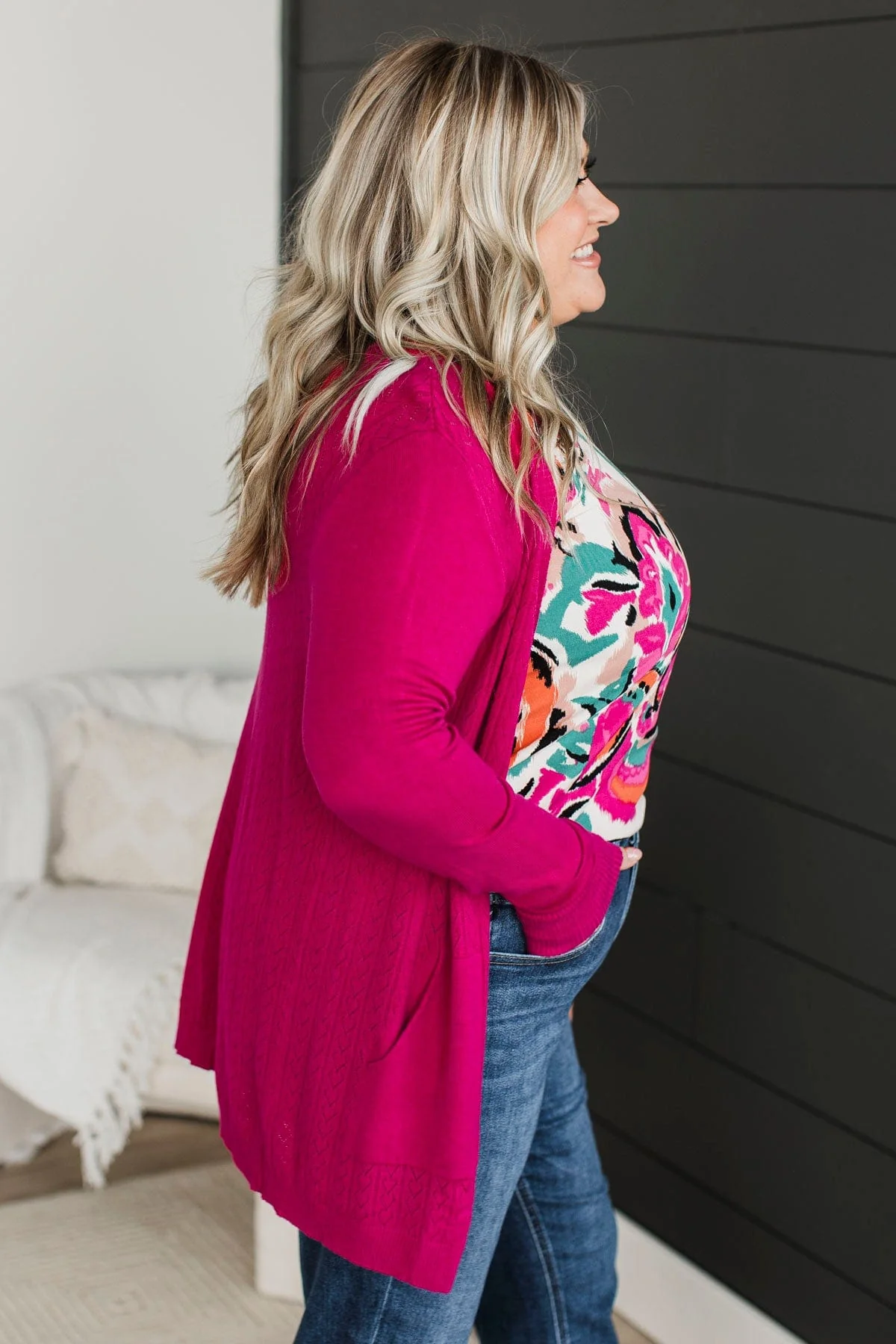 Found Myself Open Front Knit Cardigan- Magenta - Image 5