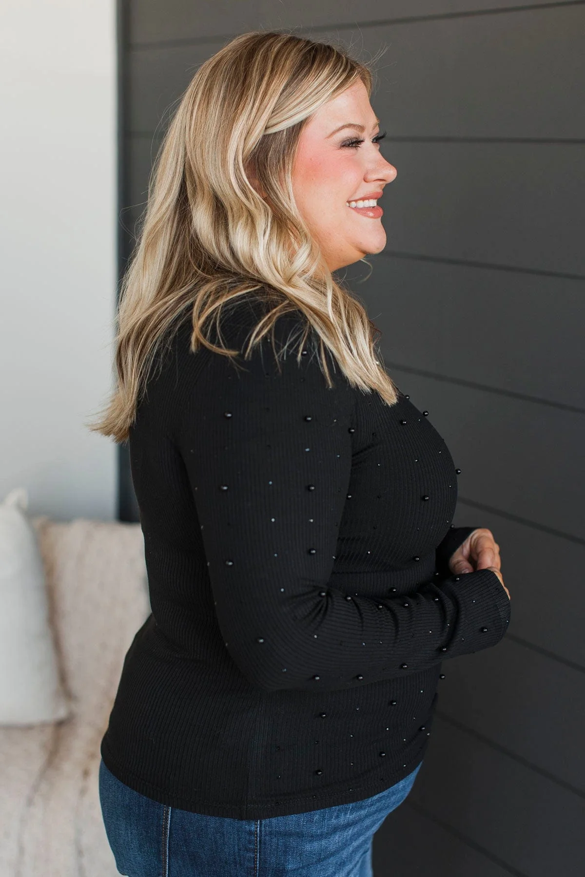 Found Your Love Long Sleeve Beaded Top- Black - Image 6