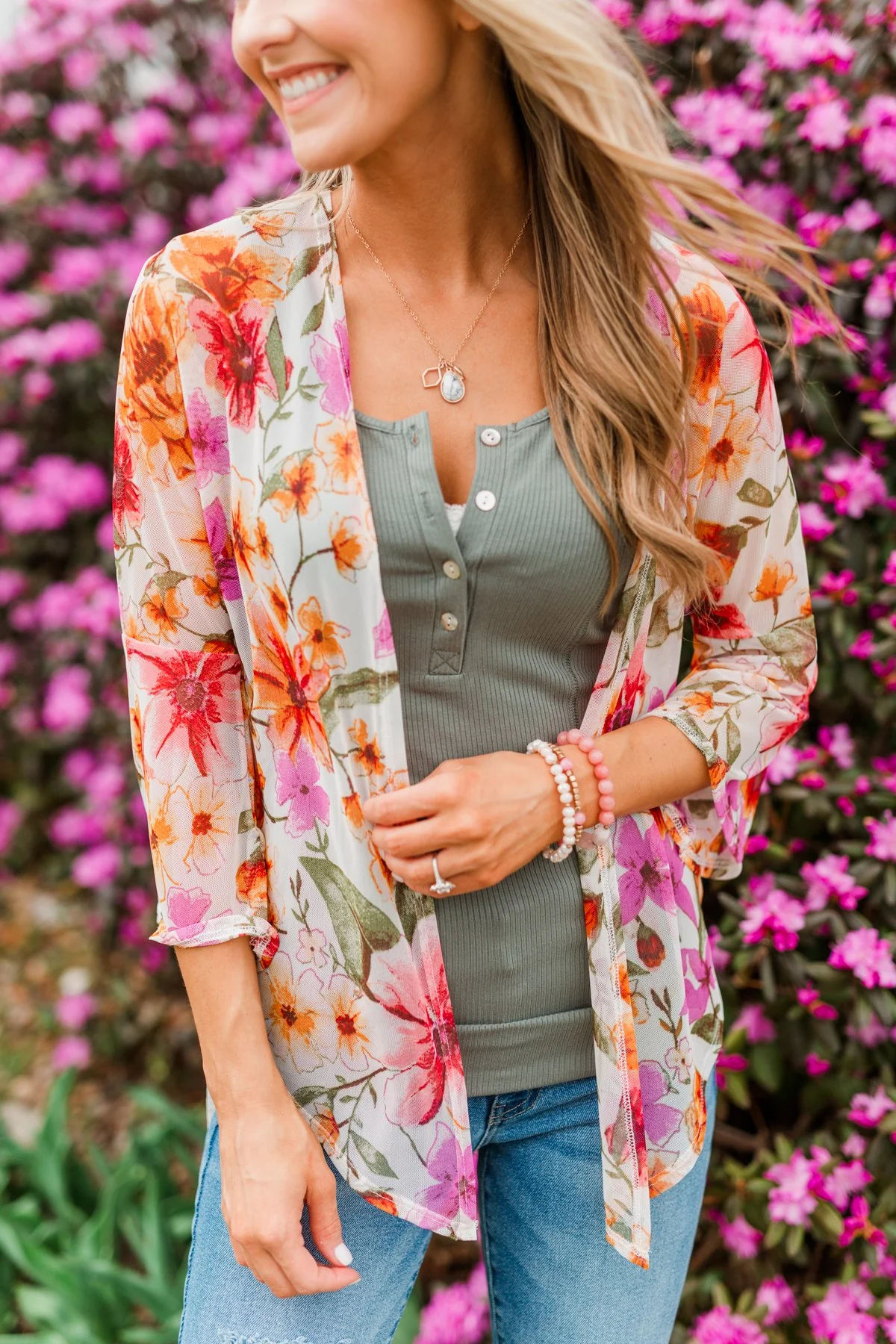 Fragrant Flowers Lightweight Kimono- Pink, Orange & Ivory - Image 3