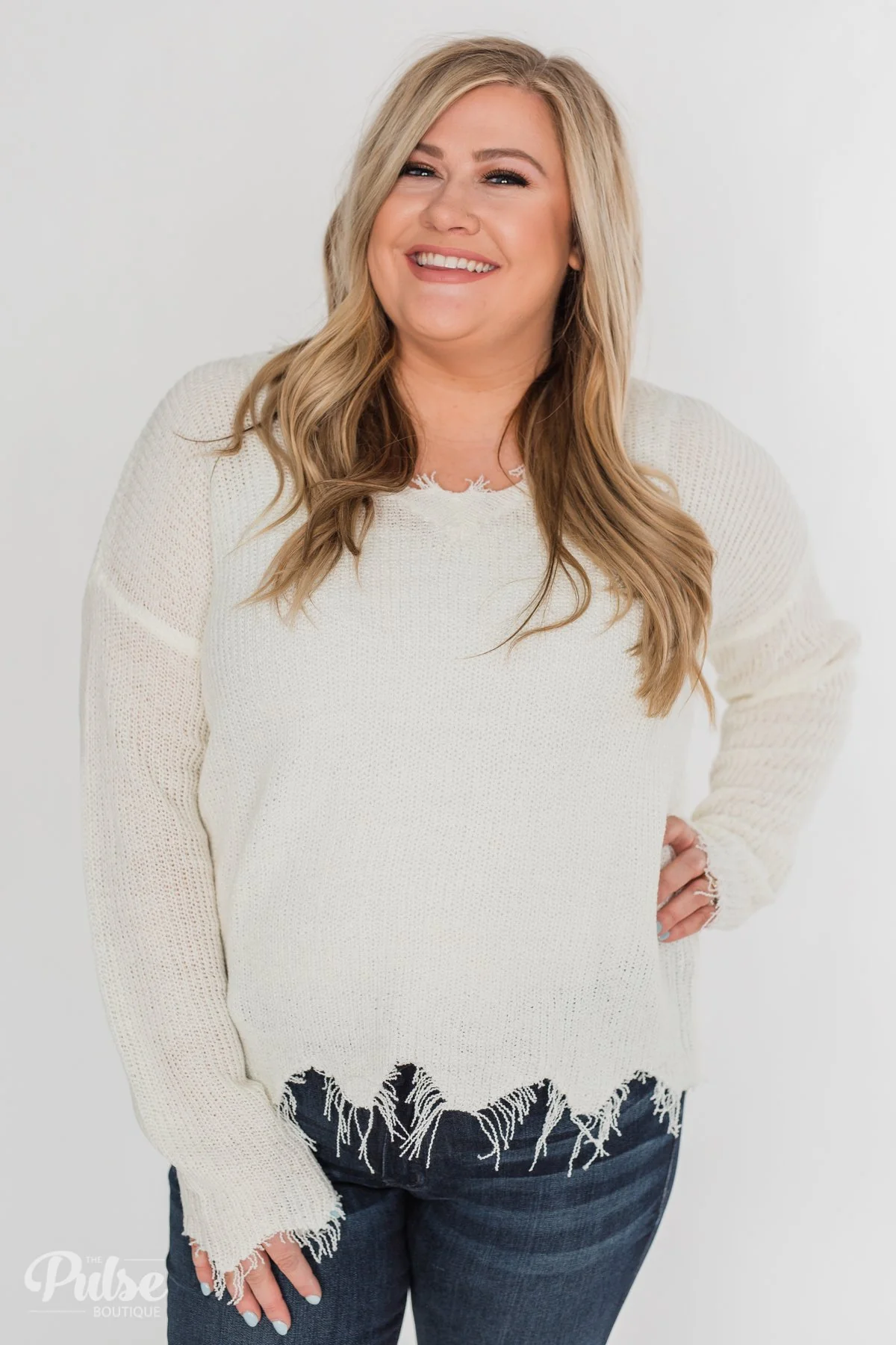 Frayed V-Neck Sweater - Cream - Image 2