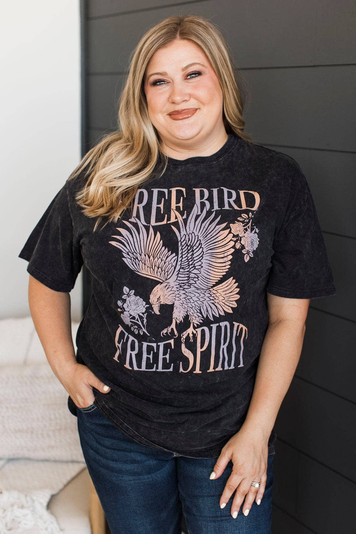 "Free Bird" Mineral Wash Graphic Tee- Black - Image 3