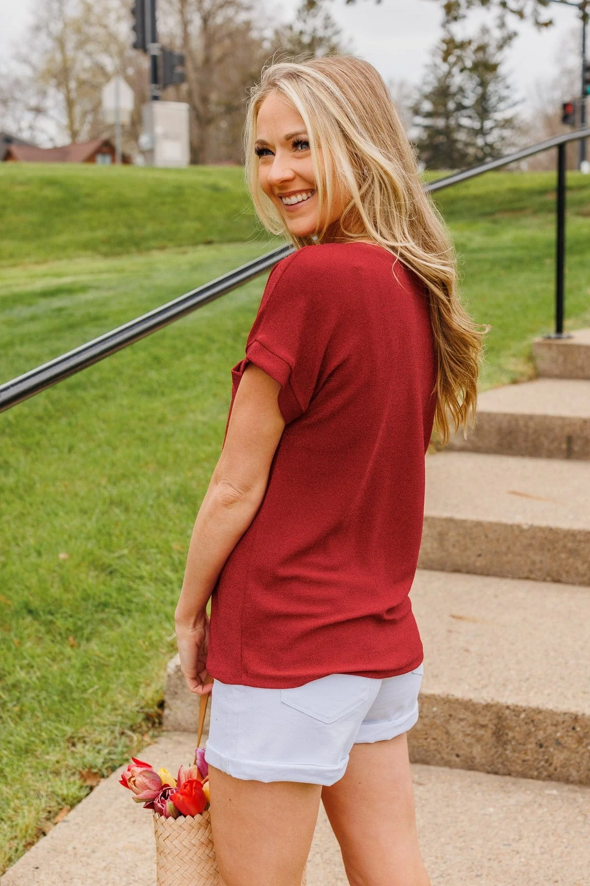 Free To Shine V-Neck Pocket Top- Red - Image 7