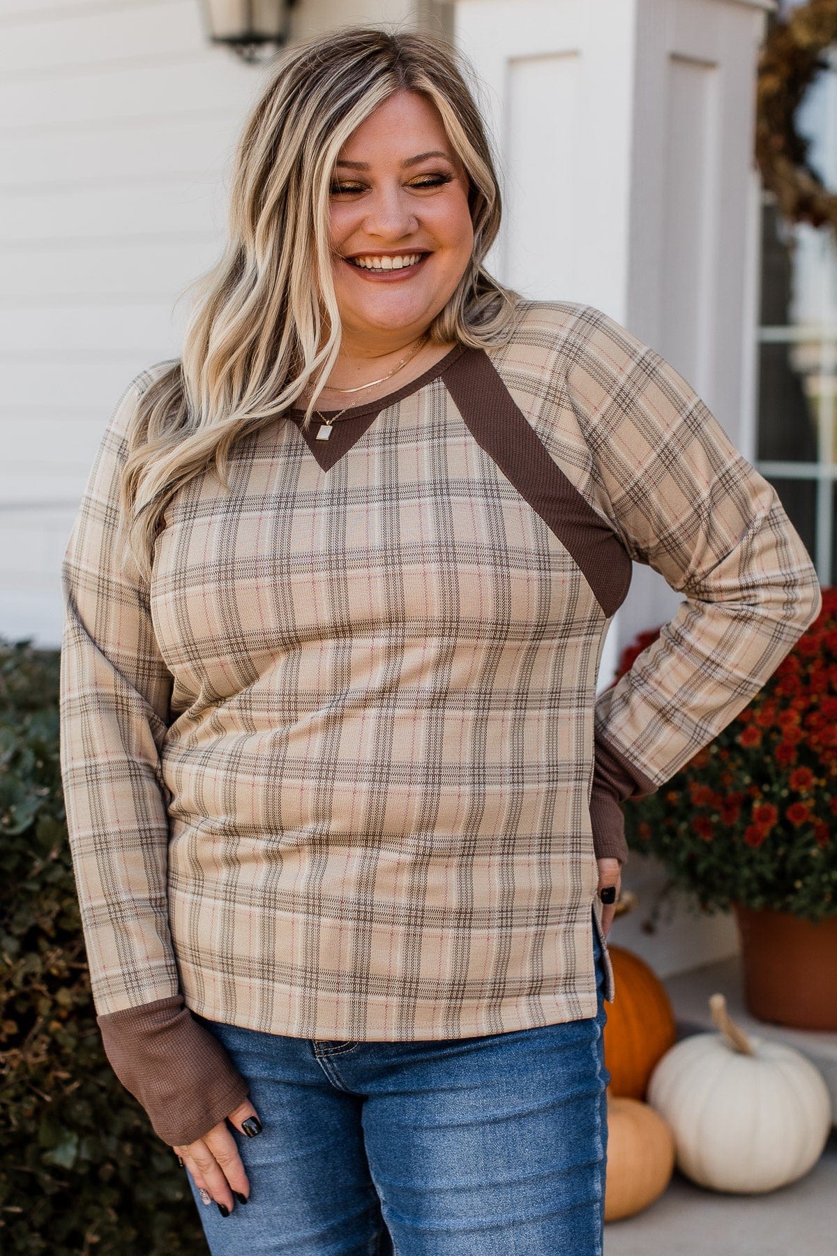 Free Yourself Plaid Long Sleeve Top- Taupe - Image 3
