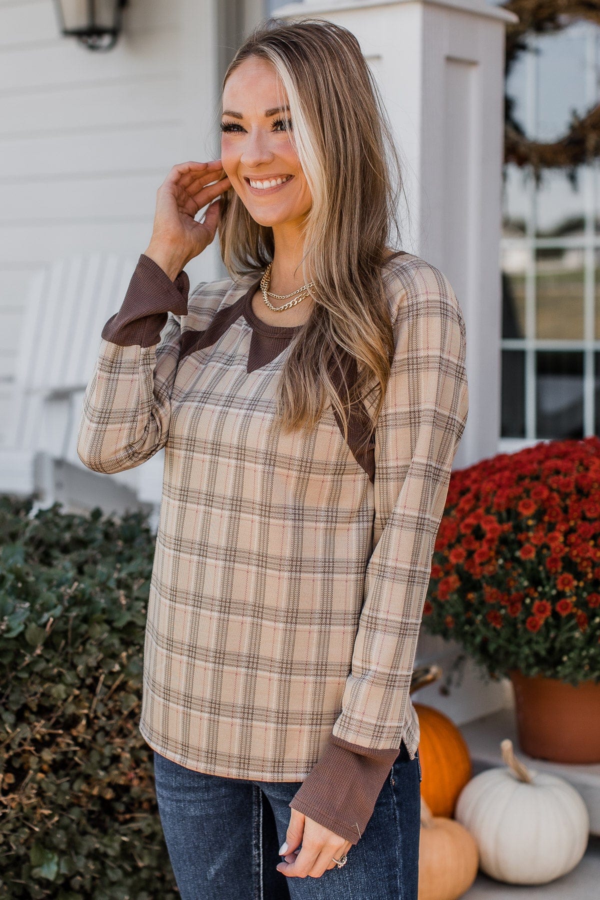 Free Yourself Plaid Long Sleeve Top- Taupe - Image 4