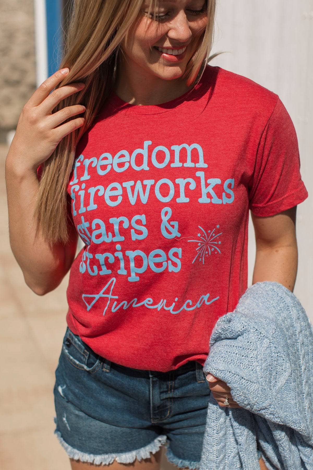 "Freedom Fireworks Stars & Stripes" Graphic Tee- Red - Image 2