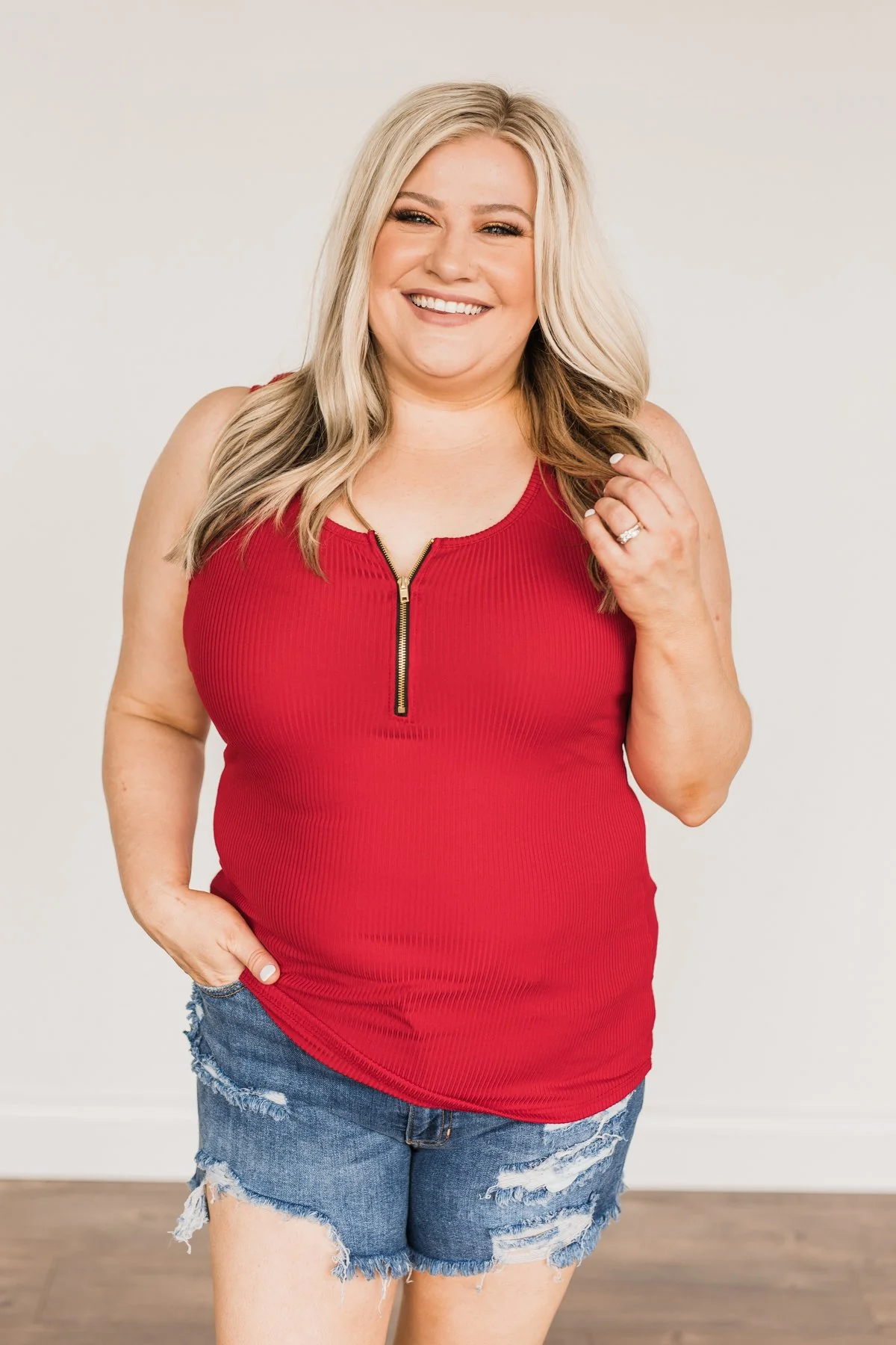 Freedom Is Here Zipper Henley Tank Top- Scarlet Red - Image 3