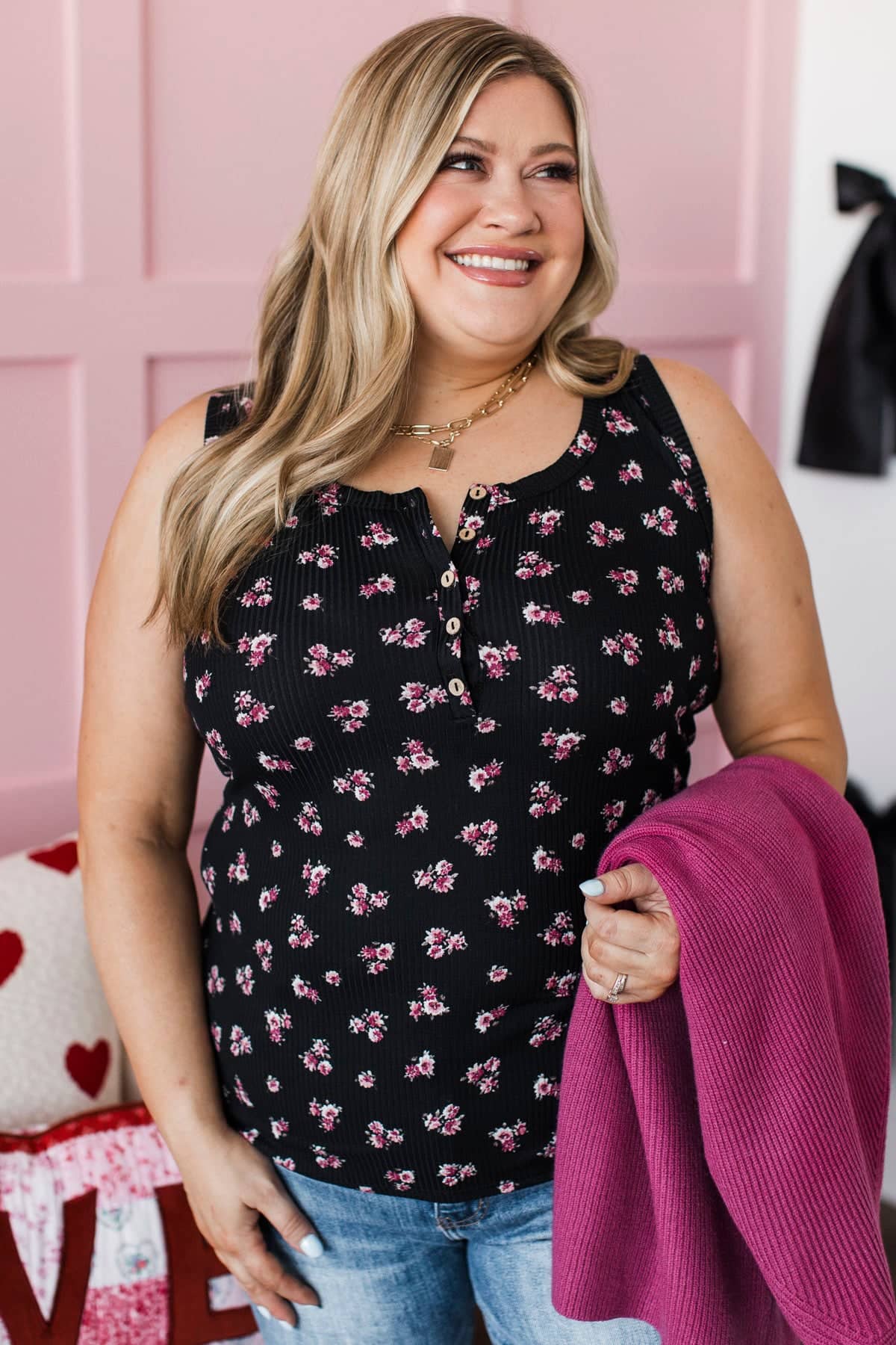 Fresh Blooms Henley Tank Top- Black Floral - Image 3