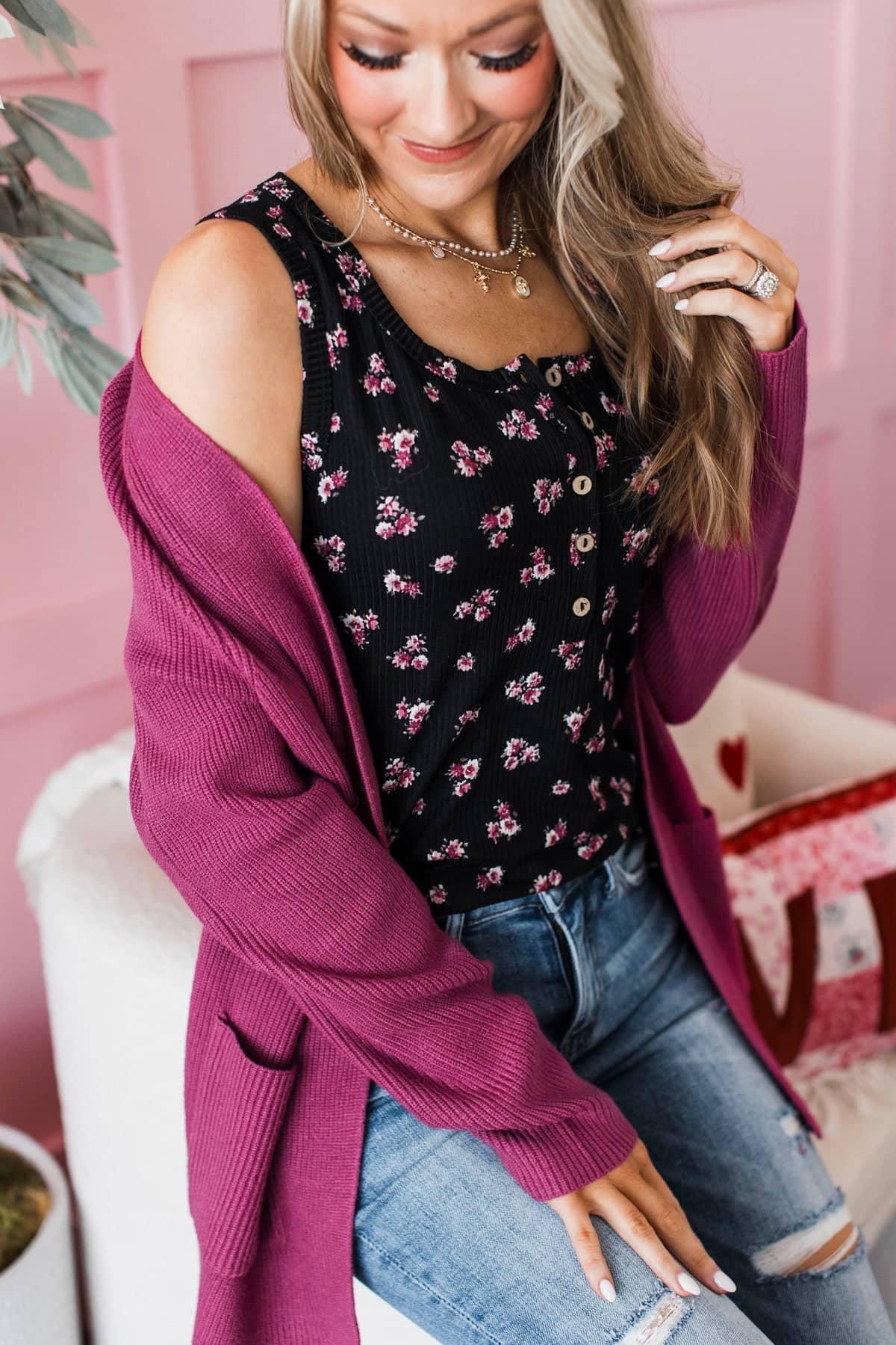 Fresh Blooms Henley Tank Top- Black Floral - Image 4