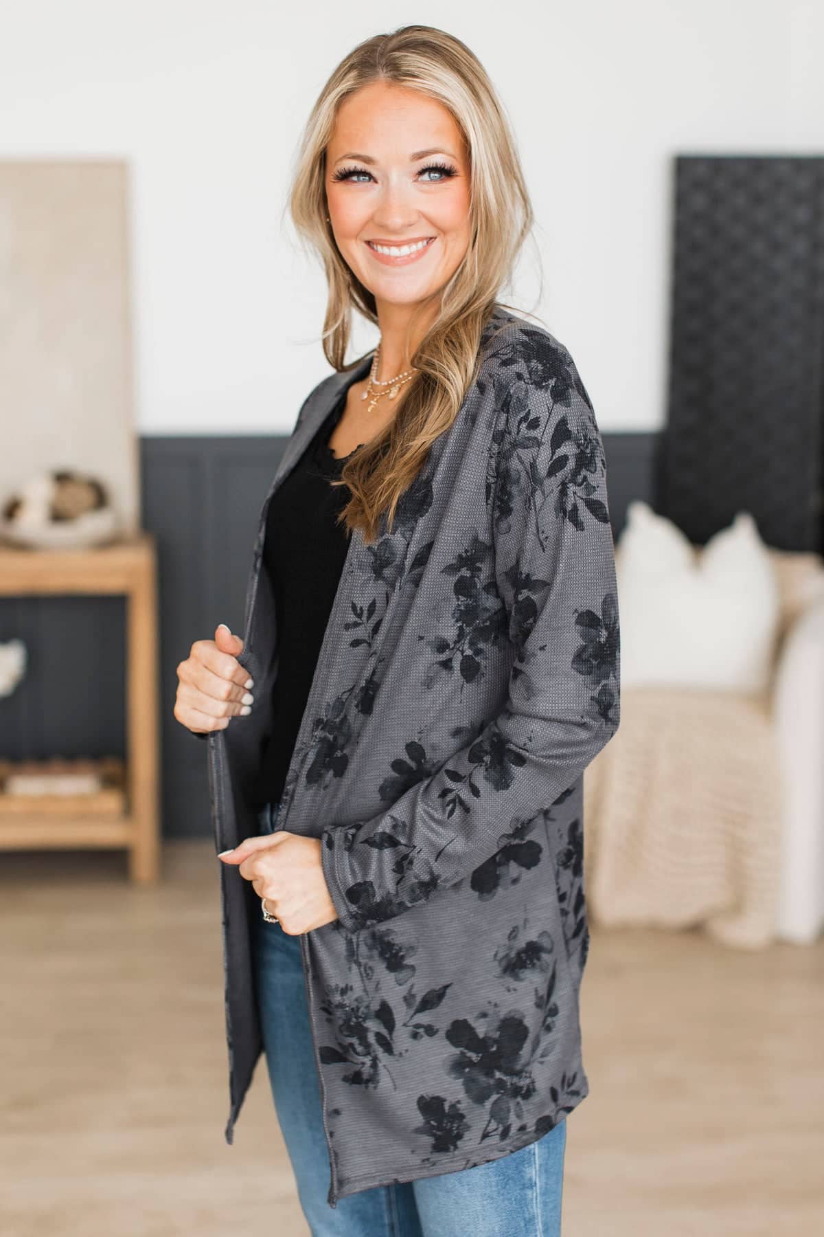 Fresh Breeze Open Front Floral Cardigan- Charcoal & Black