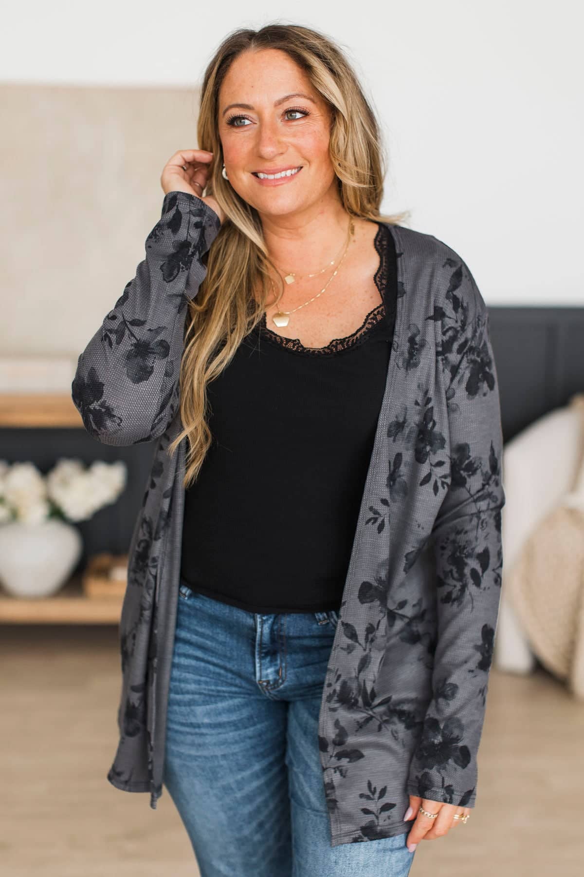 Fresh Breeze Open Front Floral Cardigan- Charcoal & Black - Image 2
