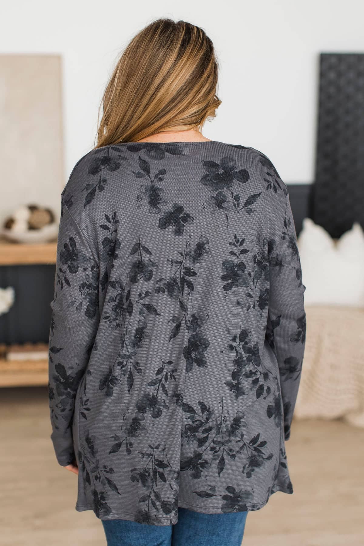 Fresh Breeze Open Front Floral Cardigan- Charcoal & Black - Image 8