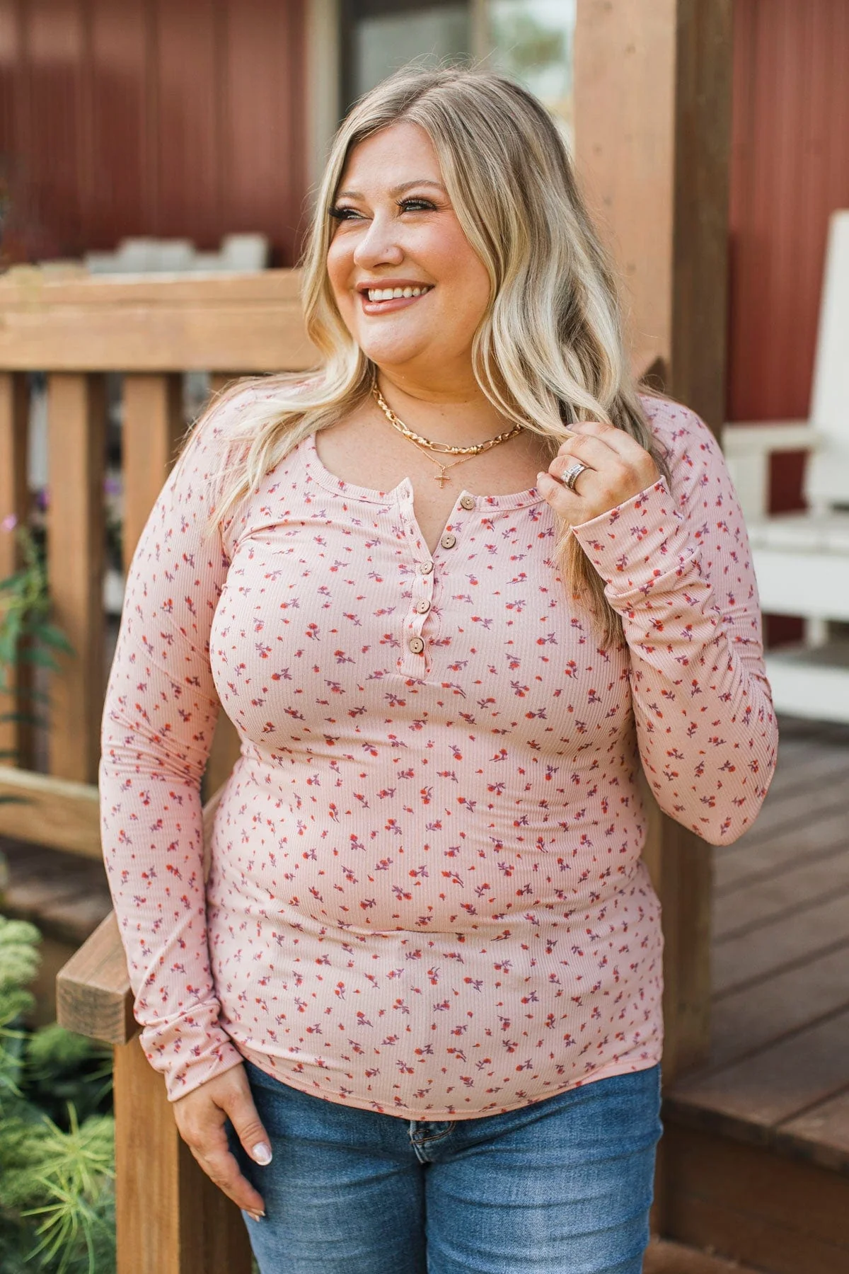 Fresh Fashion Floral Henley Top- Blush - Image 4